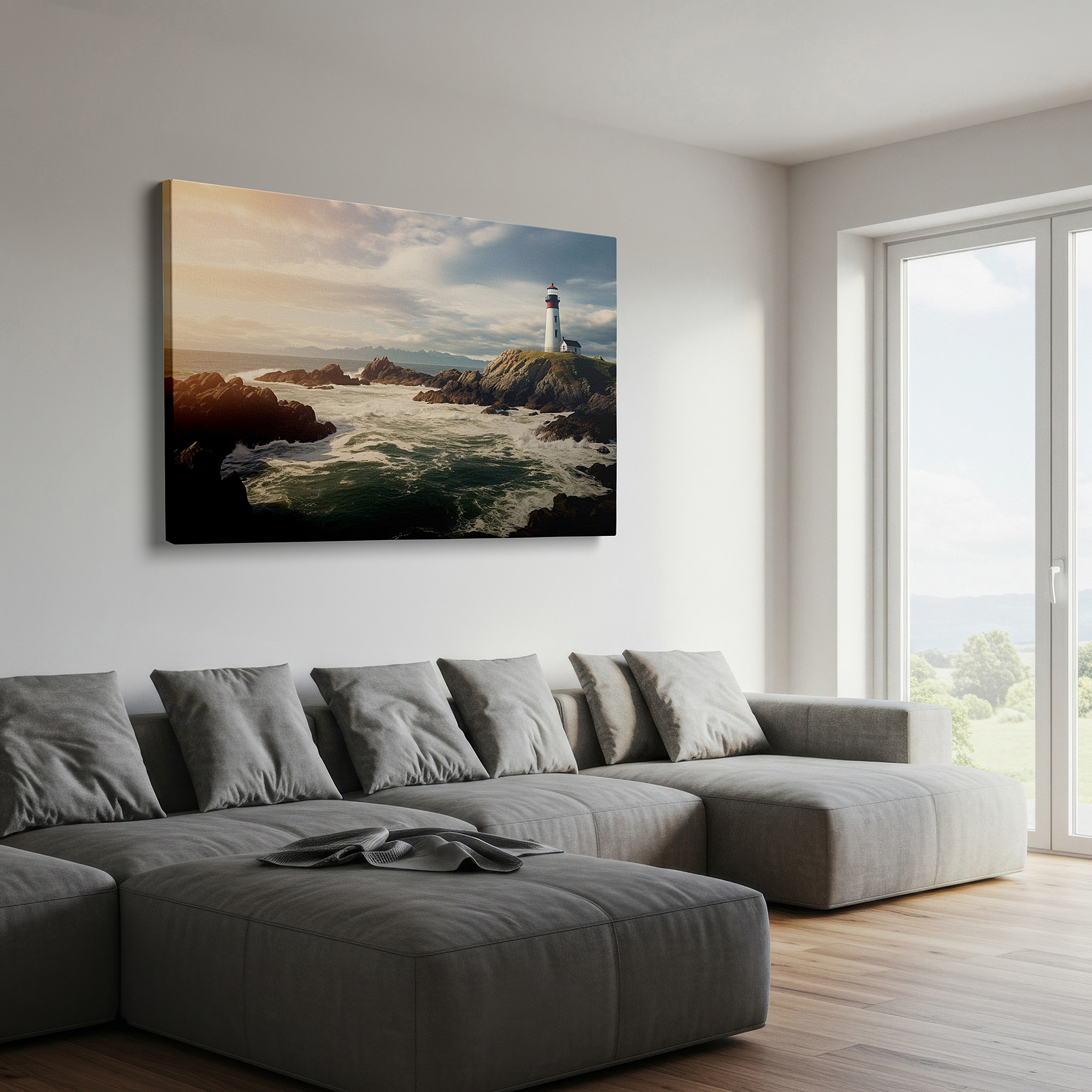 Bold and expansive at 90×60 cm — ideal for making a statement above large furniture — coastal lighthouse on cliffs at sunset large canvas wall art for office and bedroom decor