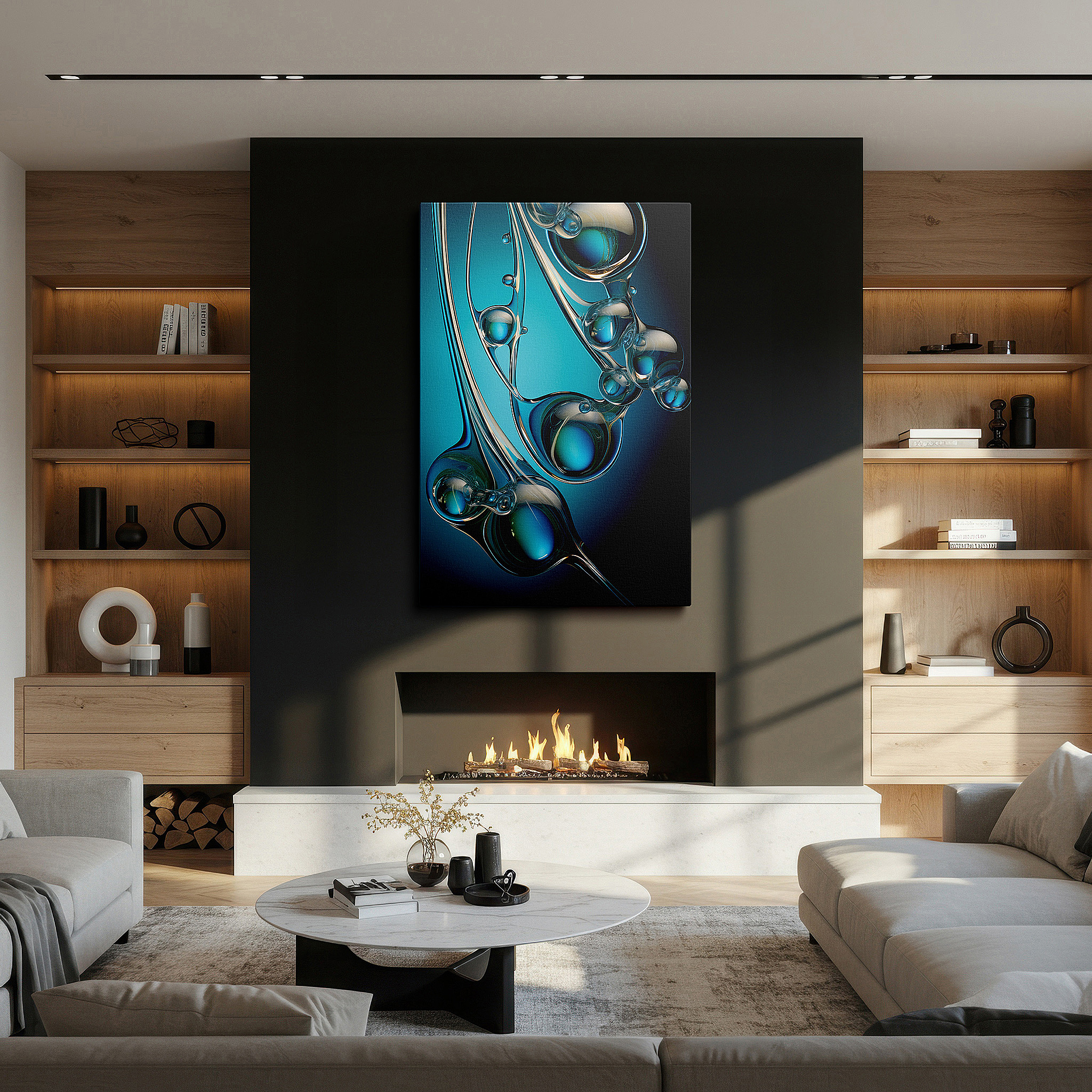 Bold and expansive at 90×60 cm — ideal for making a statement above large furniture — colorful abstract art with fluid shapes and glossy spheres on a deep blue background, large canvas wall art
