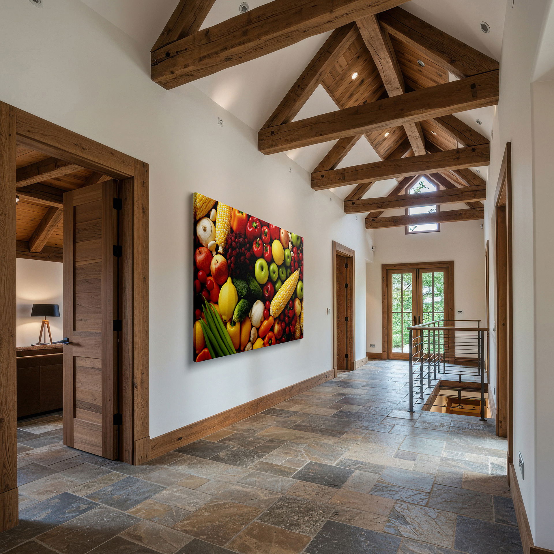 Bold and expansive at 90×60 cm — ideal for making a statement above large furniture — a colorful celebration of nature featuring corn, peppers, and apples - large wall art, canvas wall art, wall decor for office and bedroom