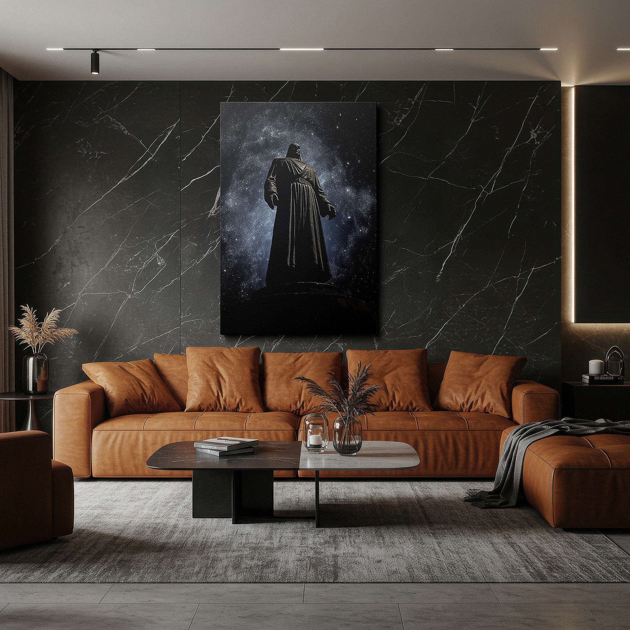 Bold and expansive at 90×60 cm — ideal for making a statement above large furniture — cosmic majesty: heroic figure in starry depths - large canvas wall art for office, bedroom, and living room decor