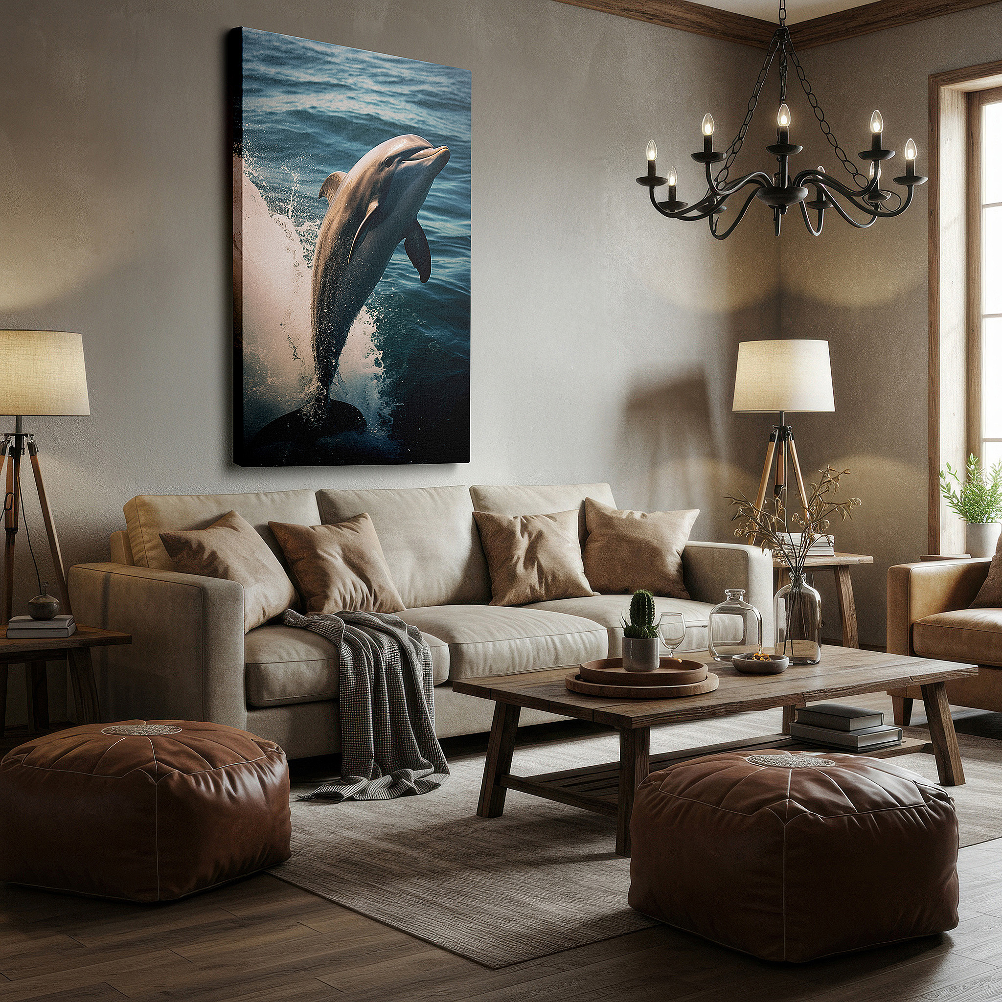 Bold and expansive at 90×60 cm — ideal for making a statement above large furniture — dolphin's joyful leap into sparkling waters: large wall art, canvas wall art, wall art decor for office and bedroom
