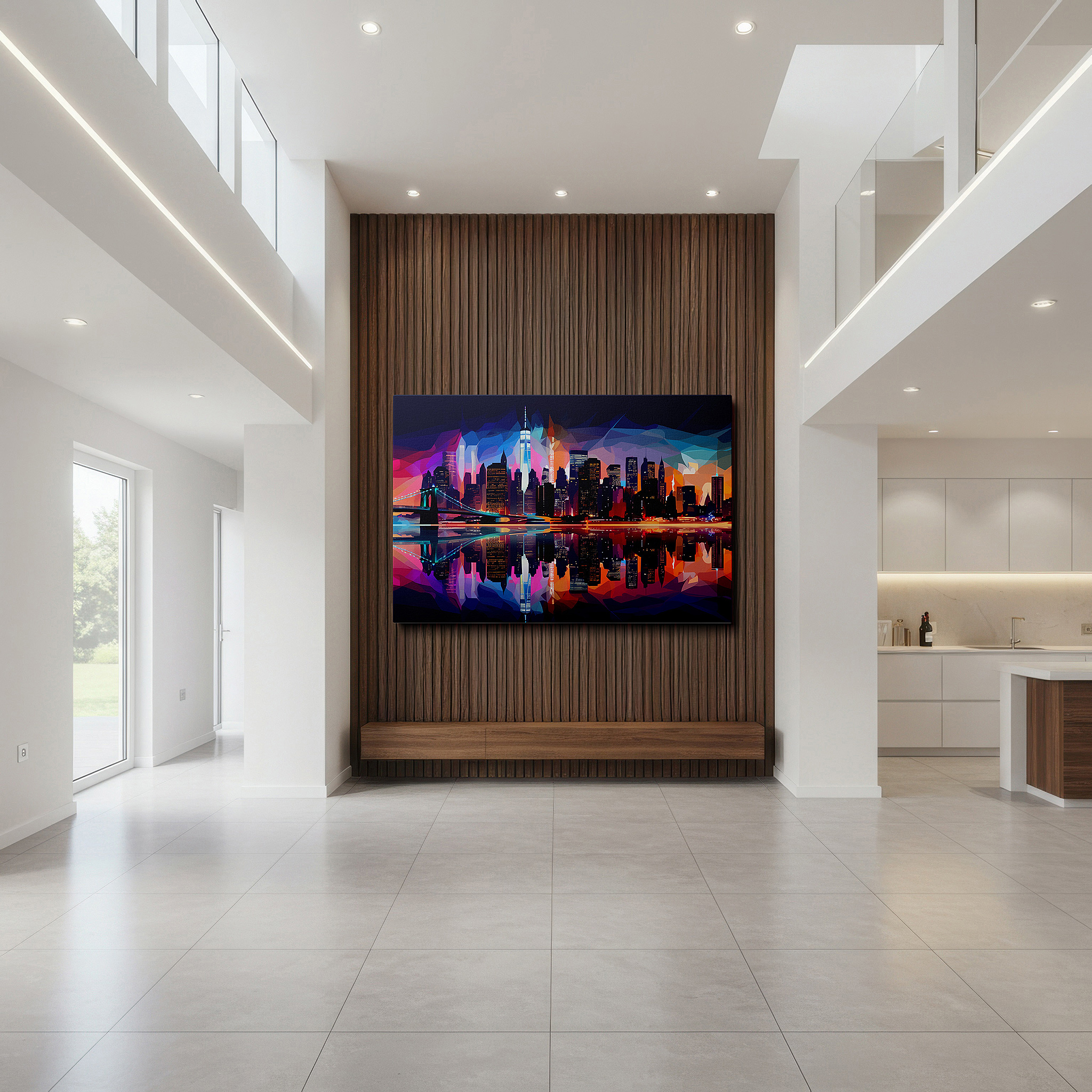 Bold and expansive at 90×60 cm — ideal for making a statement above large furniture — dynamic city skyline at night with reflective waters large canvas wall art, vibrant office and bedroom decor