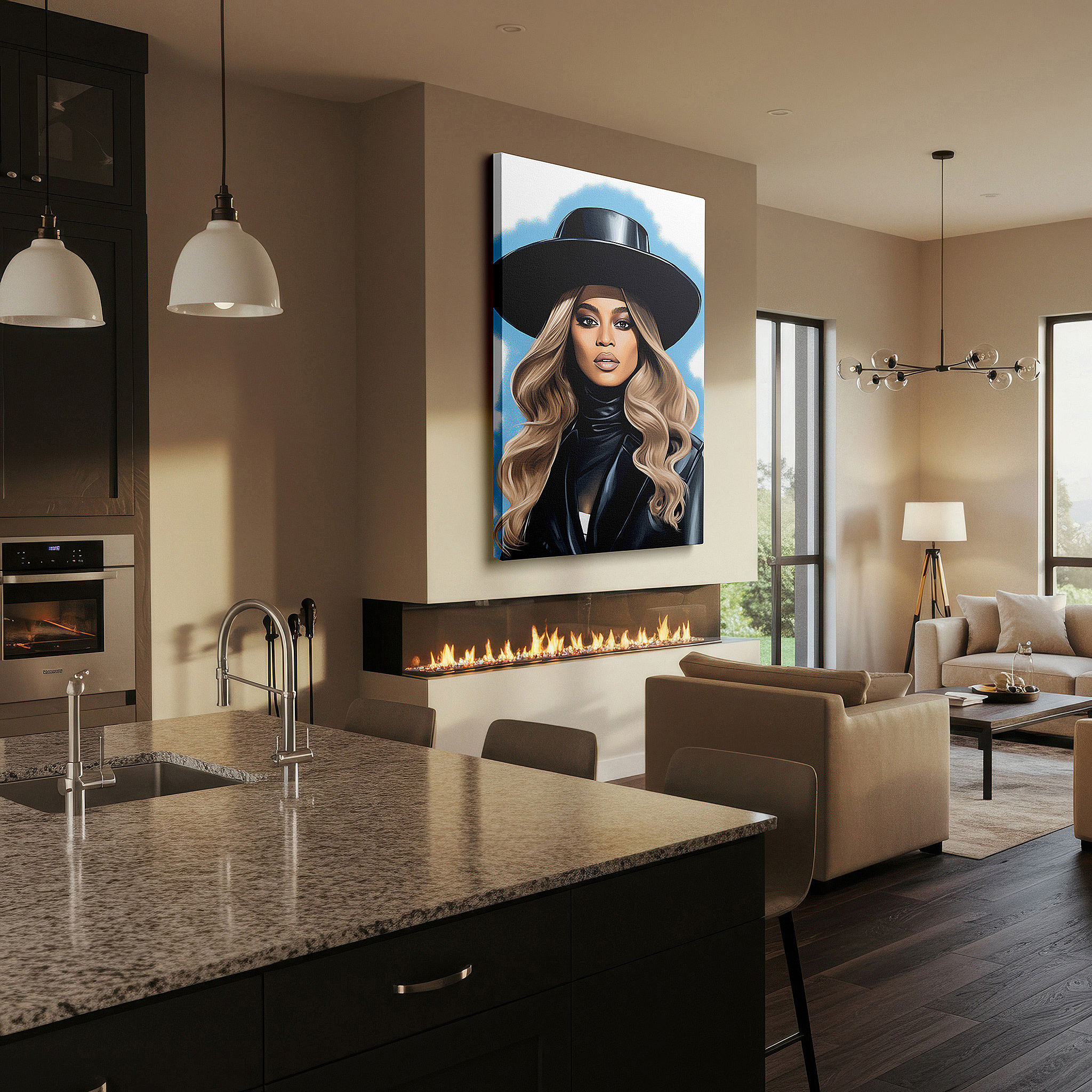Bold and expansive at 90×60 cm — ideal for making a statement above large furniture — elegant and confident modern woman with a striking black hat - large canvas wall art for stylish office decor