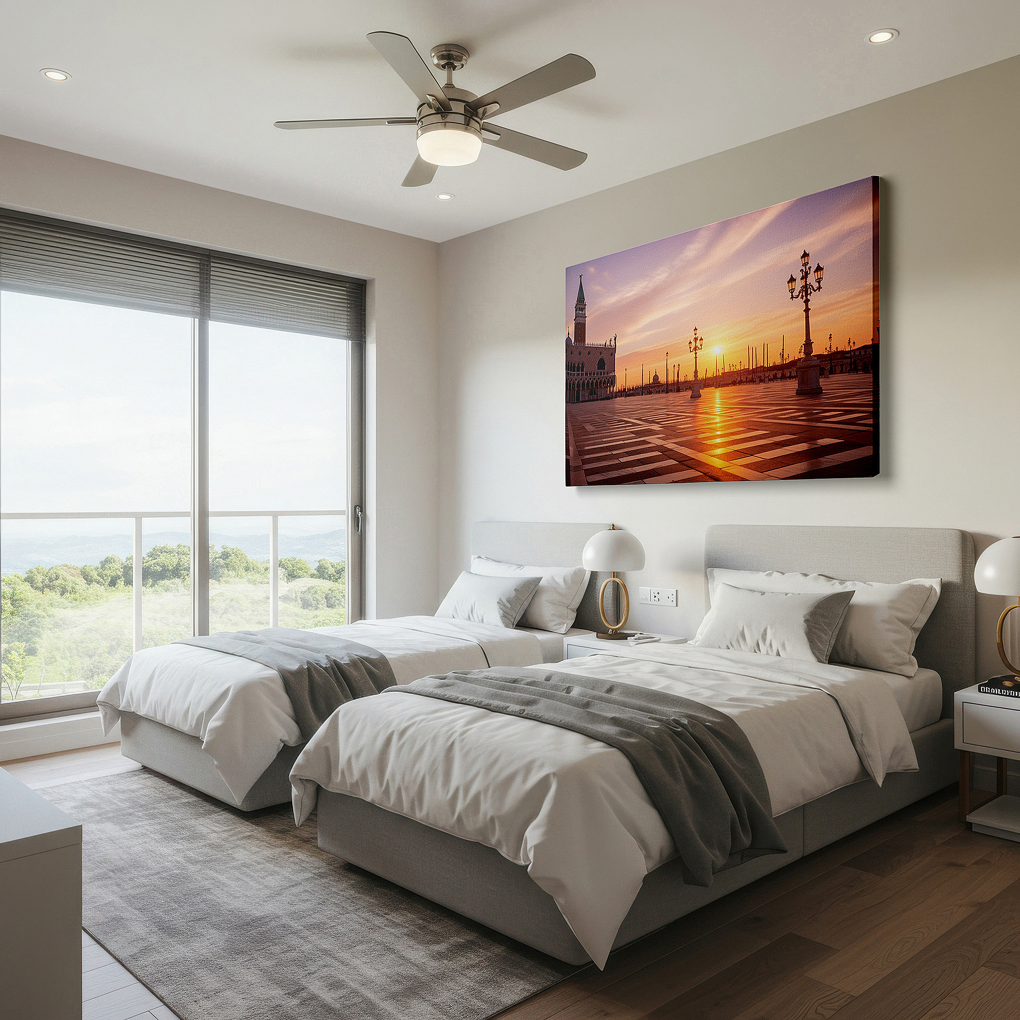 Bold and expansive at 90×60 cm — ideal for making a statement above large furniture — enchanted european piazza canvas wall art: historical grandeur at golden hour, large wall decor for office
