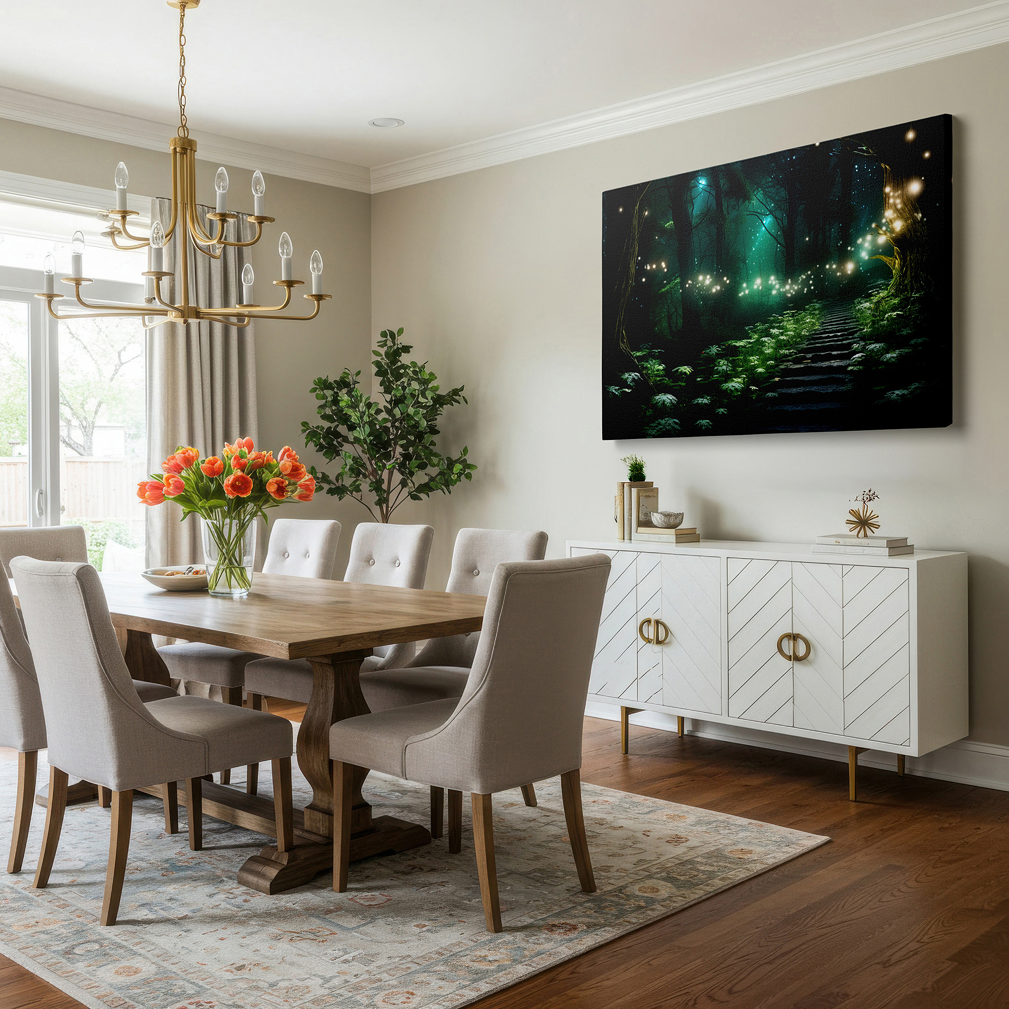 Bold and expansive at 90×60 cm — ideal for making a statement above large furniture — enchanted forest pathway canvas: radiant light, tranquil and mystical large wall art for office and bedroom decor