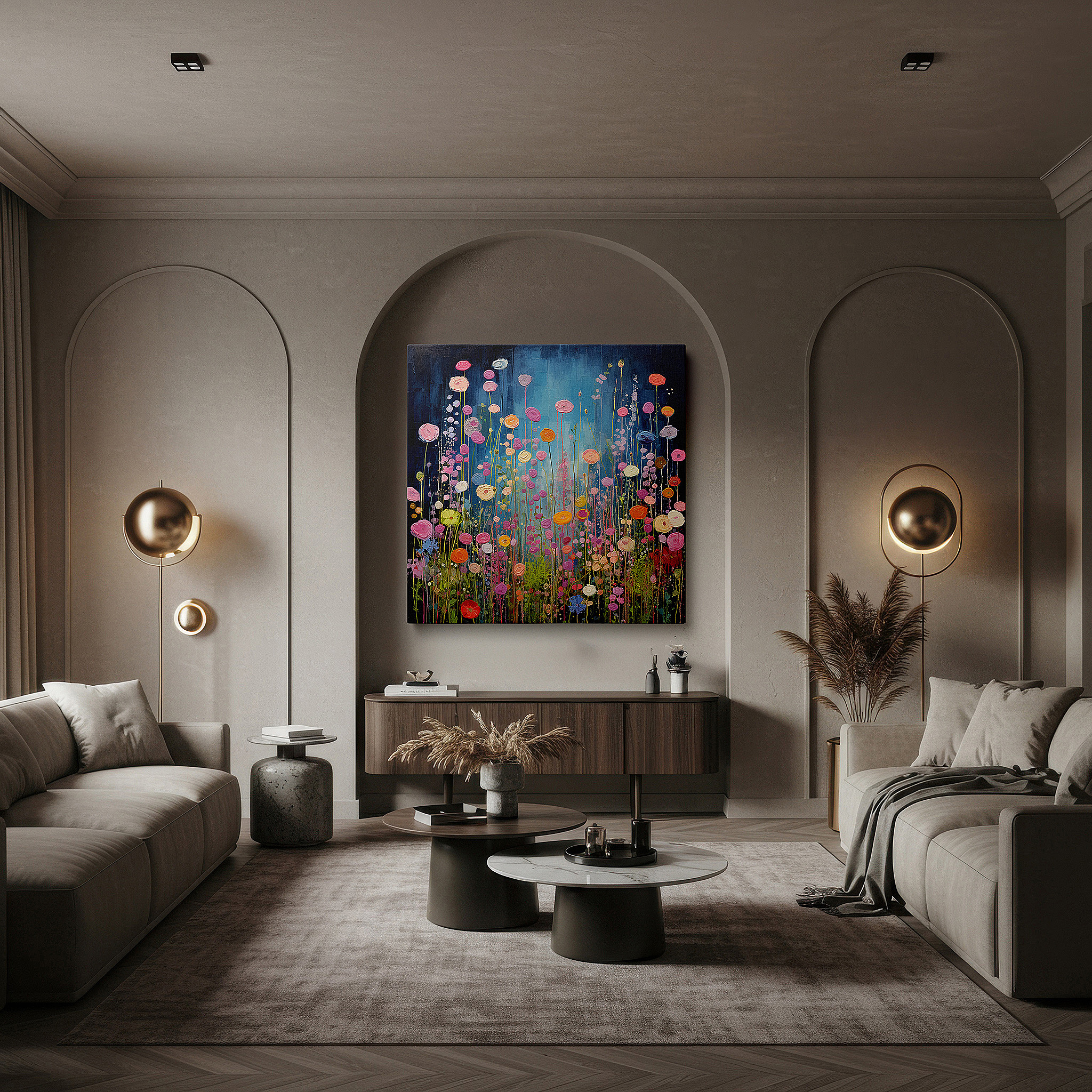 Bold and expansive at 90×60 cm — ideal for making a statement above large furniture — enchanted garden oasis canvas wall art featuring vivid blooms and a deep blue sky for office, bedroom, and home decor
