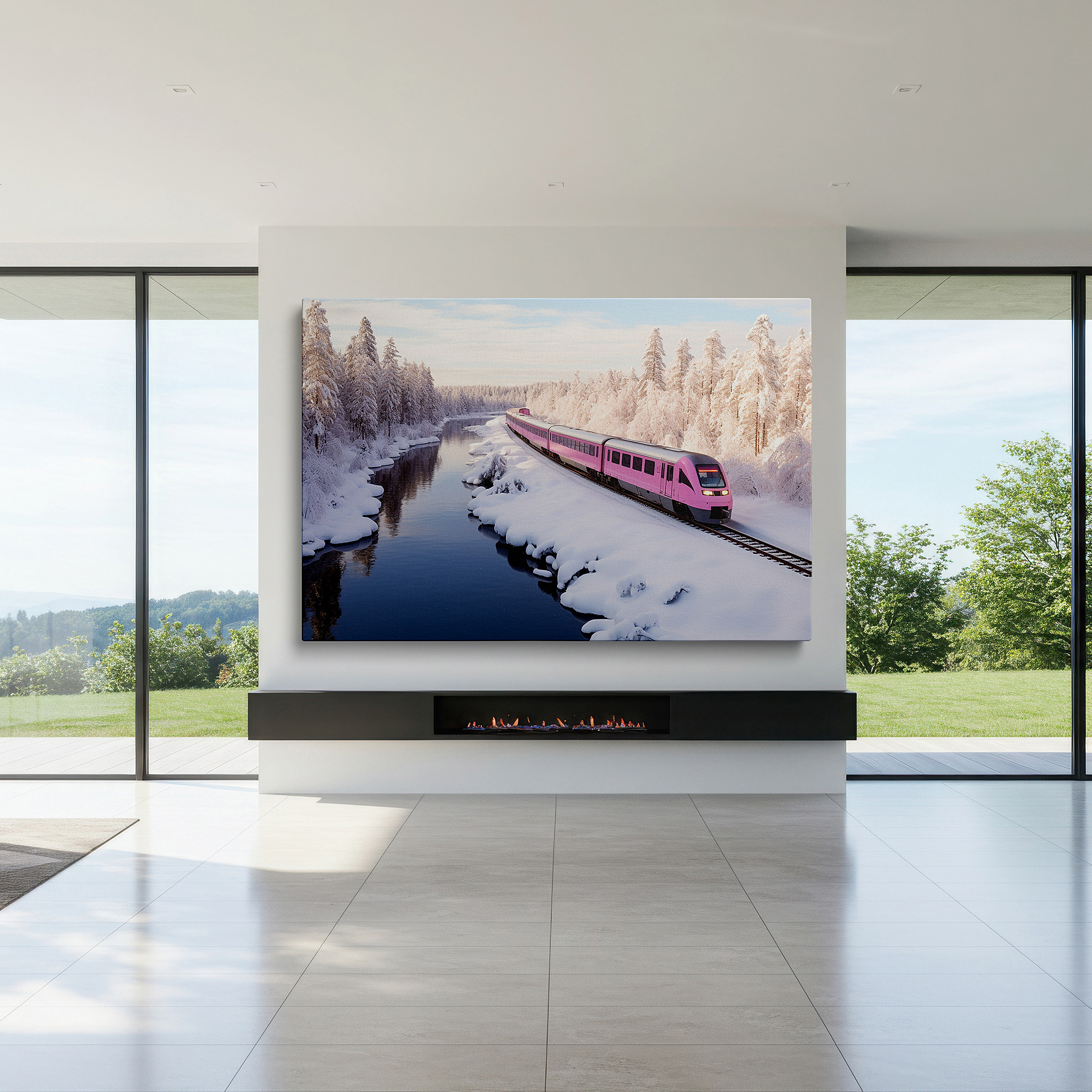 Bold and expansive at 90×60 cm — ideal for making a statement above large furniture — explore a winter wonderland with a bright pink train: large canvas wall art for offices, bedrooms, and living rooms