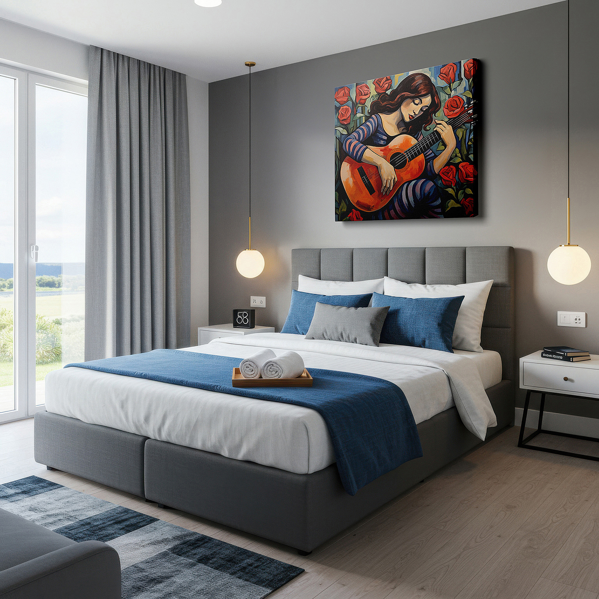 Bold and expansive at 90×60 cm — ideal for making a statement above large furniture — girl with guitar amidst blossoming roses, nature and music symphony large wall art, canvas wall decor, office and bedroom wall art