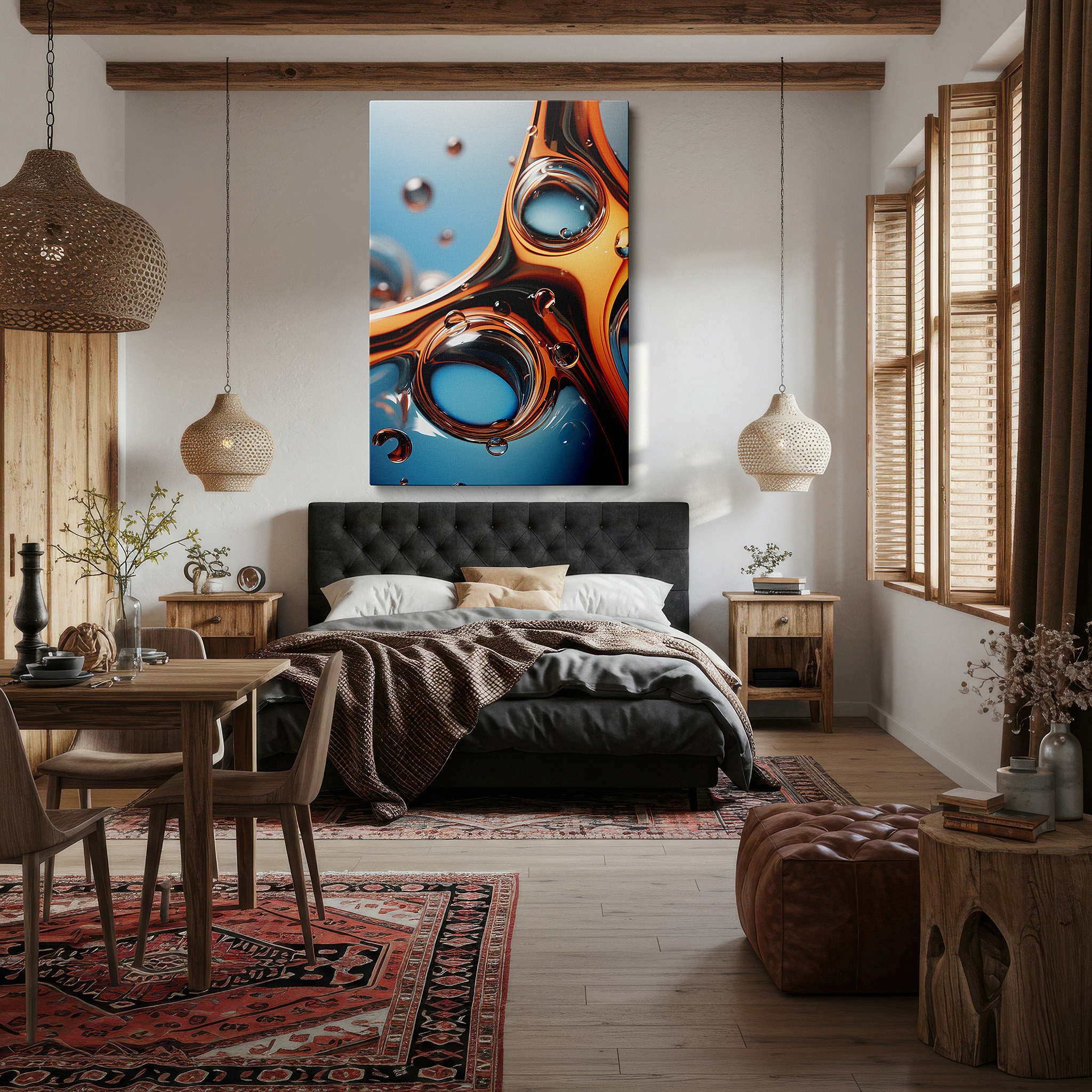 Bold and expansive at 90×60 cm — ideal for making a statement above large furniture — golden amber liquid and bubbles canvas print, large wall art for office or bedroom decor