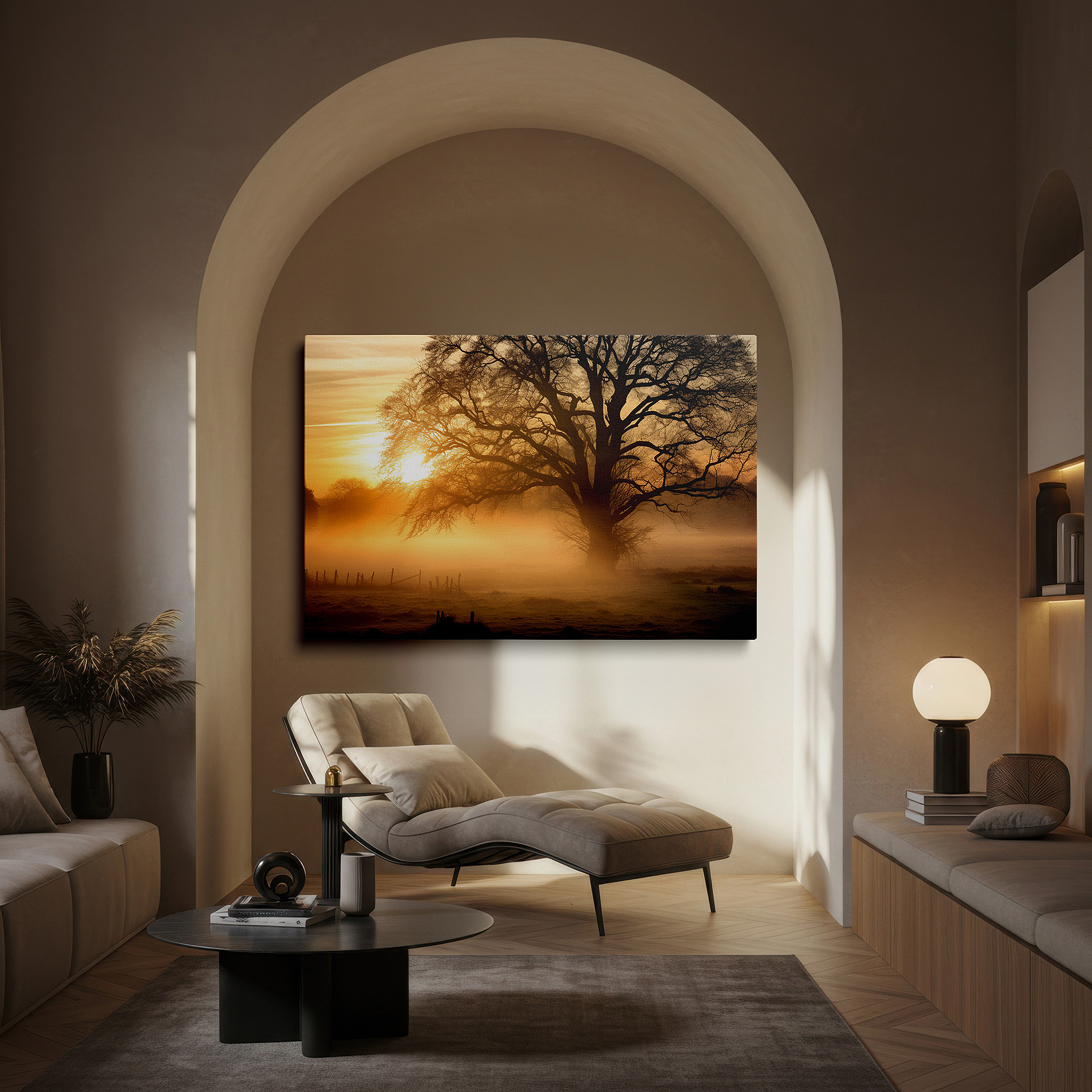 Bold and expansive at 90×60 cm — ideal for making a statement above large furniture — golden sunrise and majestic tree silhouette canvas wall art, embracing dawn's warmth and mystery, large wall decor for office