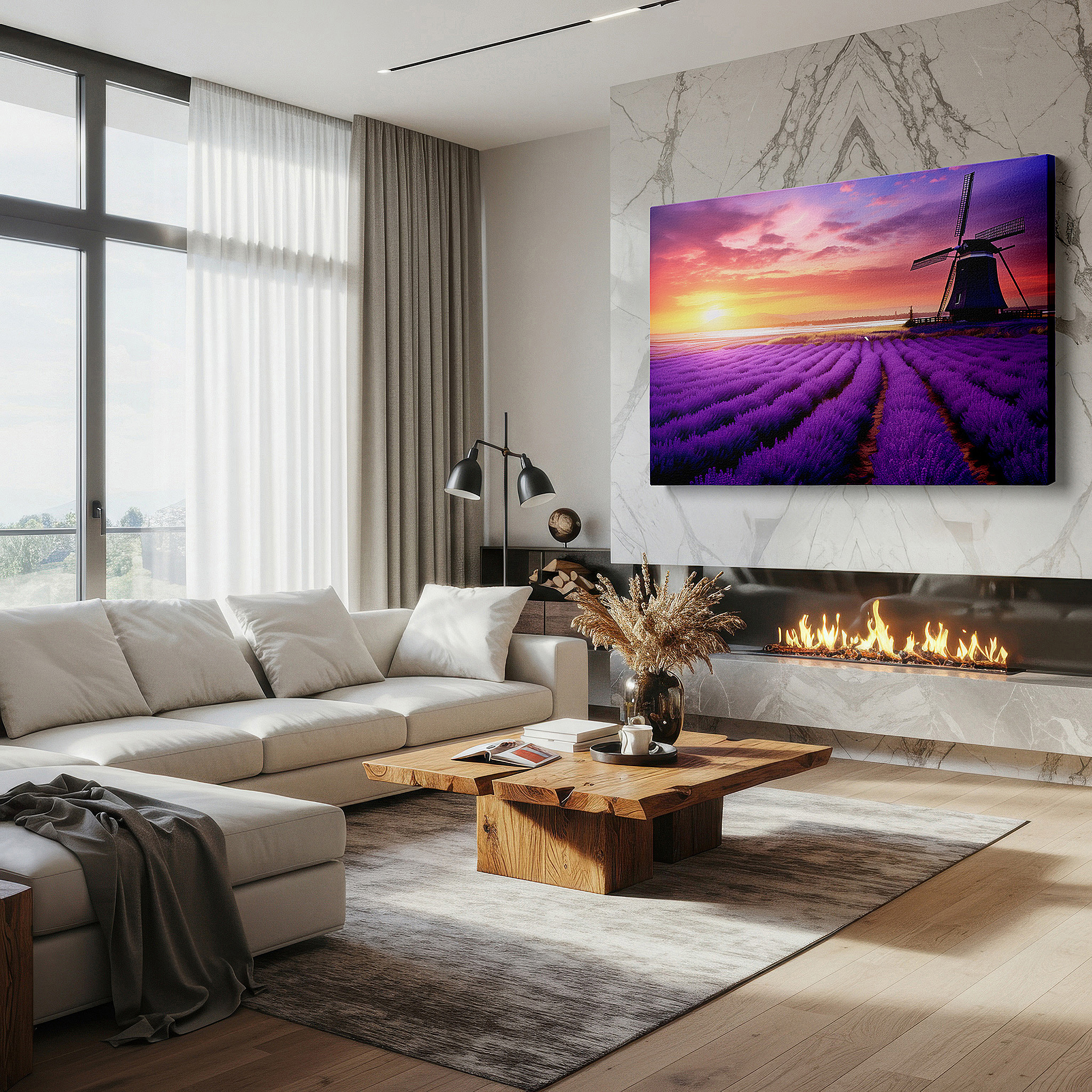 Bold and expansive at 90×60 cm — ideal for making a statement above large furniture — lavender fields with rustic windmill at sunset large canvas wall art for office, bedroom, and living room decor