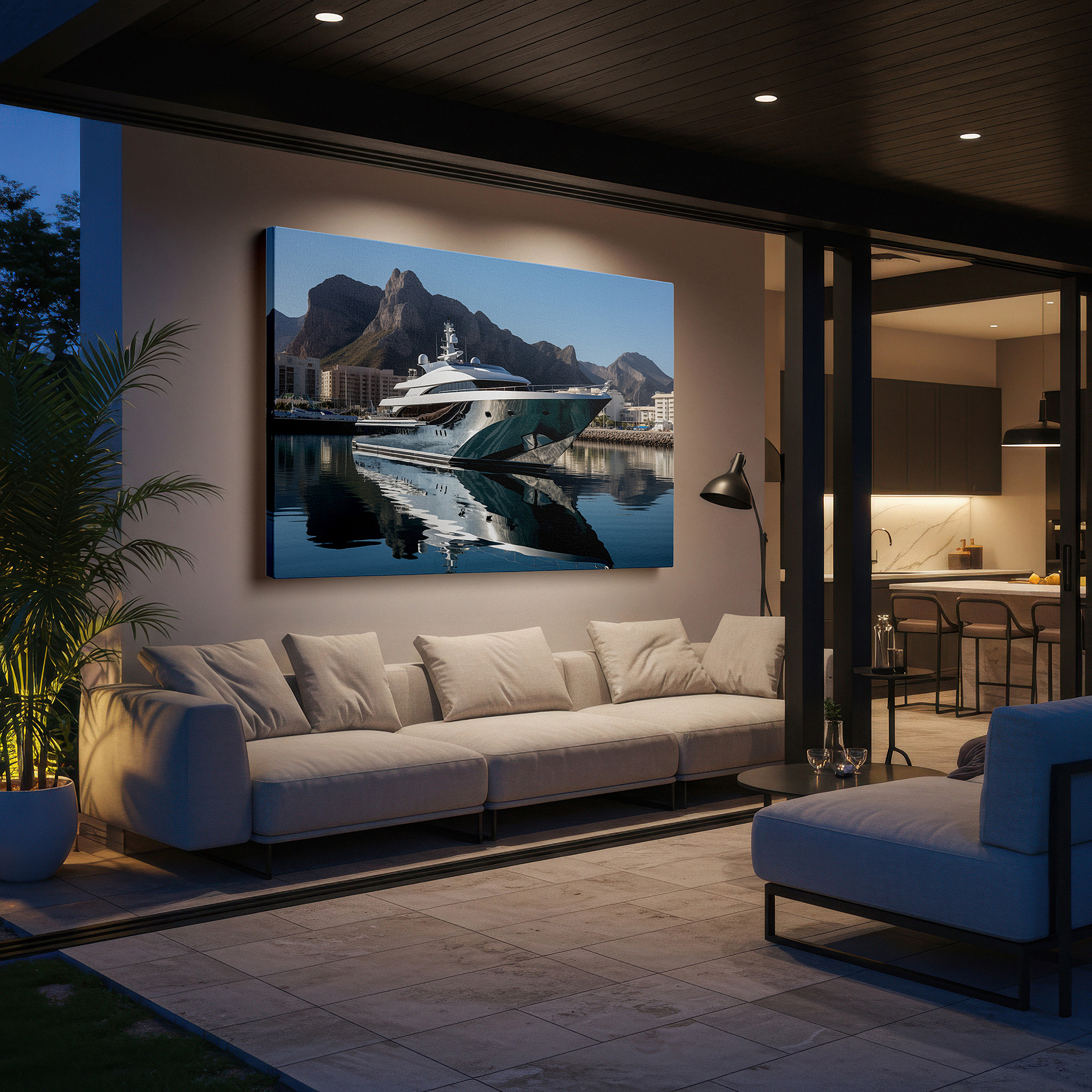 Bold and expansive at 90×60 cm — ideal for making a statement above large furniture — luxurious coastal serenity: majestic yacht and misty mountain canvas wall art for office and bedroom decor