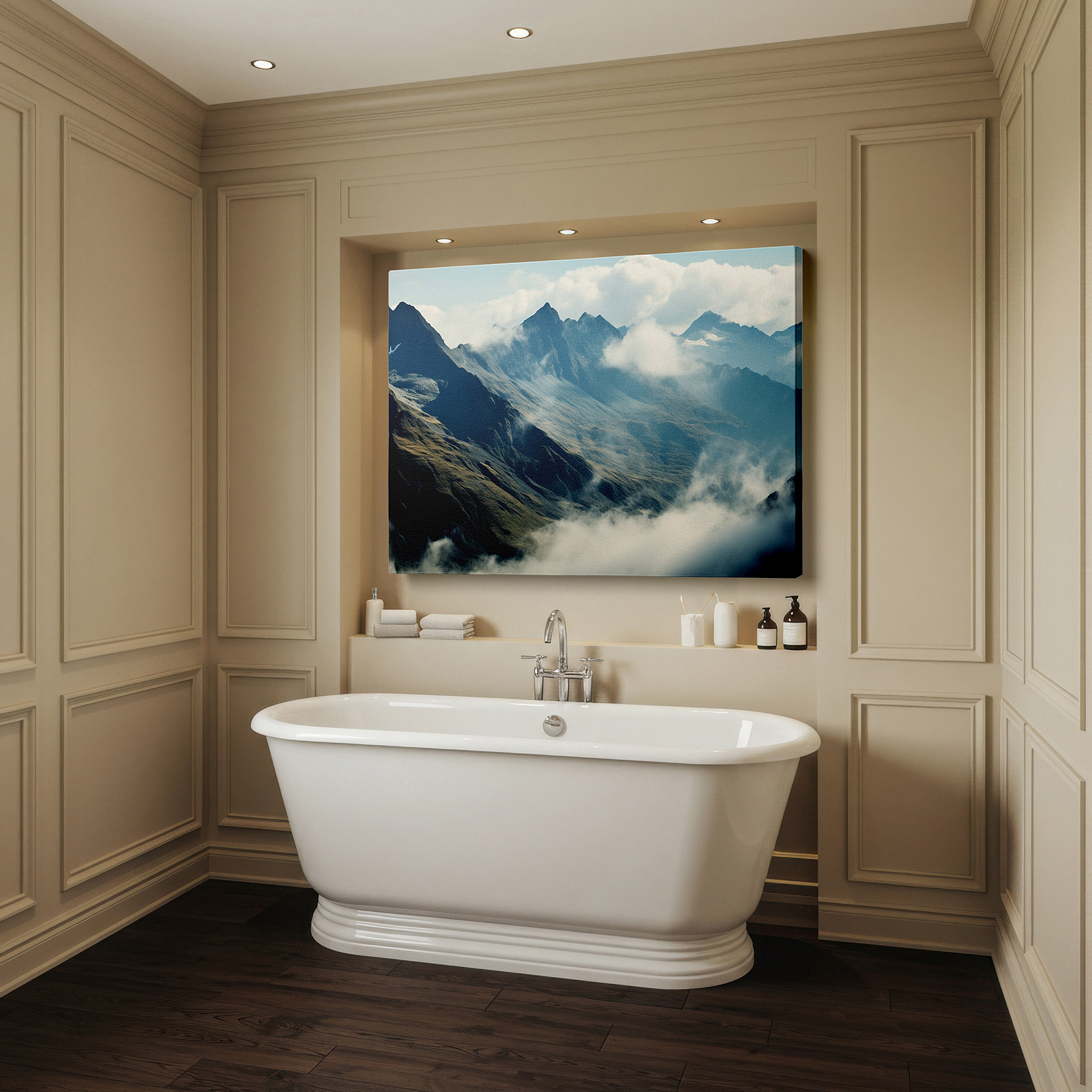 Bold and expansive at 90×60 cm — ideal for making a statement above large furniture — majestic mountain peaks ascending into cloud-covered skies, serene yet imposing landscape large wall art, canvas wall art, wall decor for office