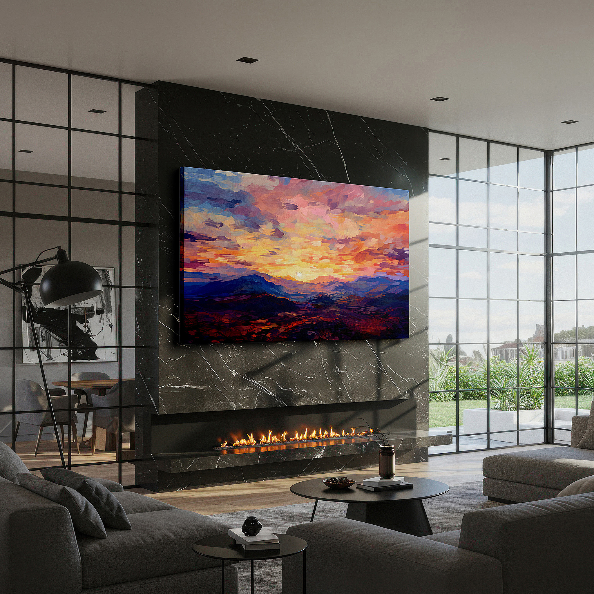 Bold and expansive at 90×60 cm — ideal for making a statement above large furniture — majestic mountain sunset: a serene blend of warm oranges and cool blues, large canvas wall art for home and office decor