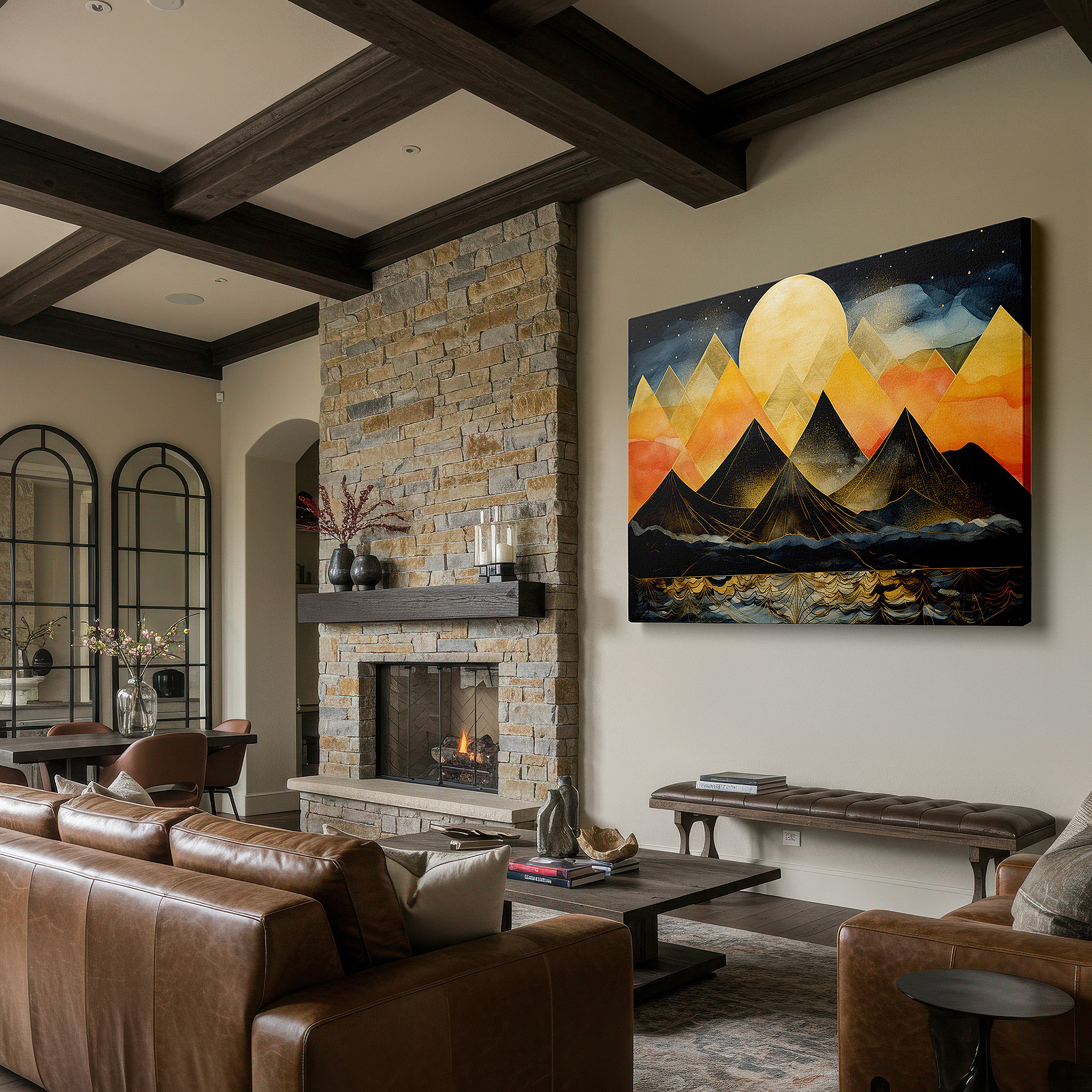Bold and expansive at 90×60 cm — ideal for making a statement above large furniture — majestic mountains and radiant sunlight: a serene landscape of reflection and tranquility - large canvas wall art decor