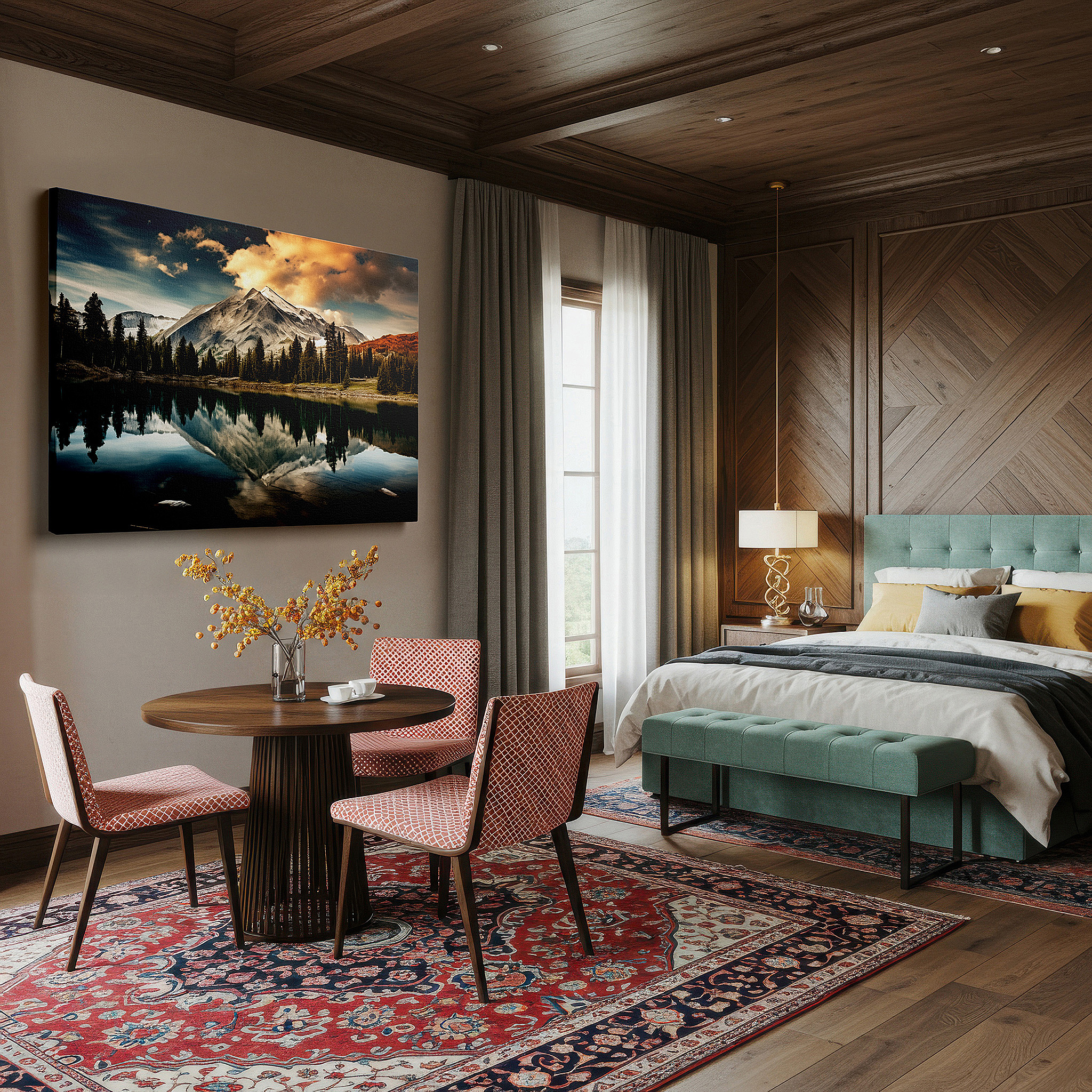 Bold and expansive at 90×60 cm — ideal for making a statement above large furniture — majestic mountains and serene lake reflections at dawn - large canvas wall art for office and bedroom decor