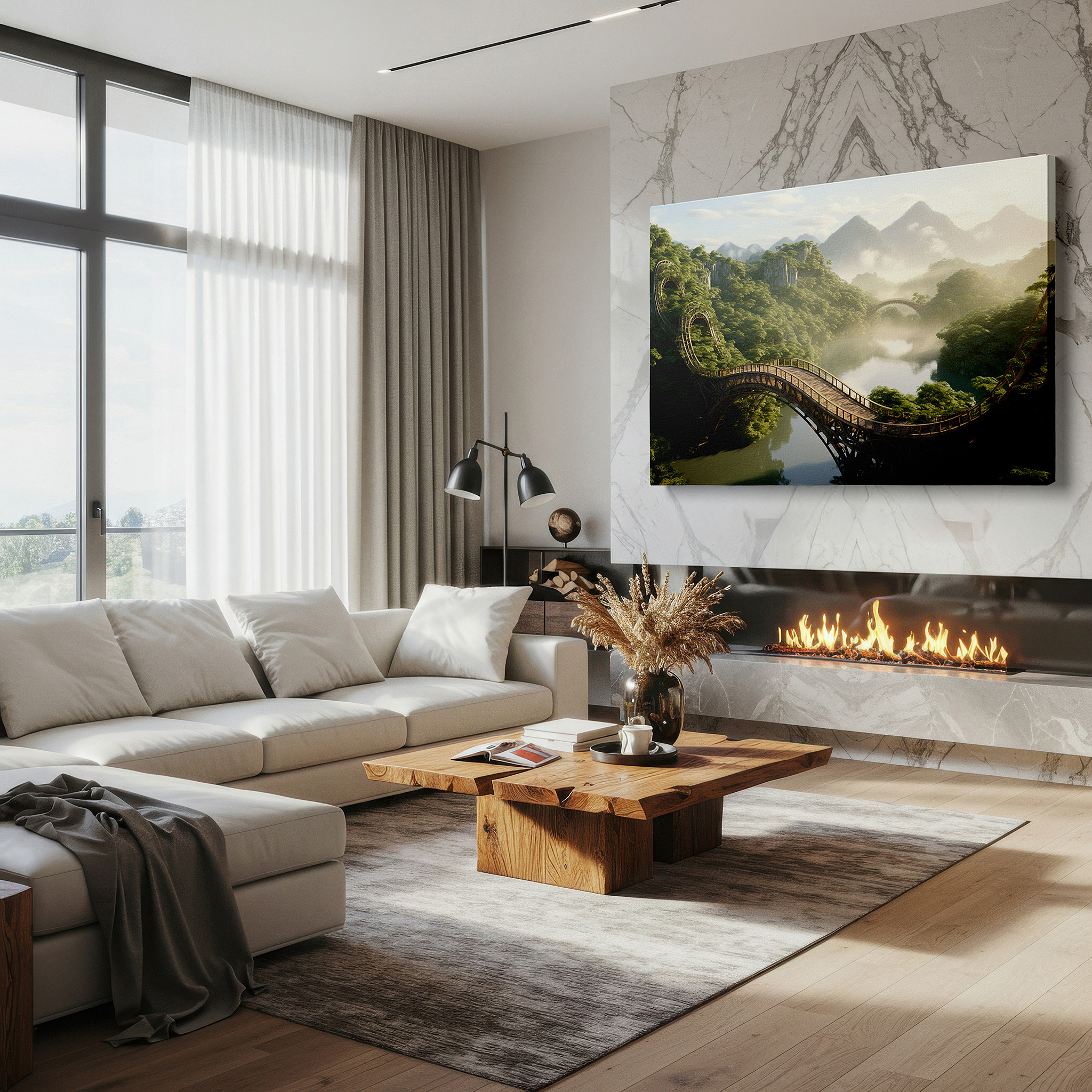 Bold and expansive at 90×60 cm — ideal for making a statement above large furniture — majestic mountains and tranquil river with rustic bridge surrounded by lush greenery large wall art, canvas wall art, wall decor for office and bedroom