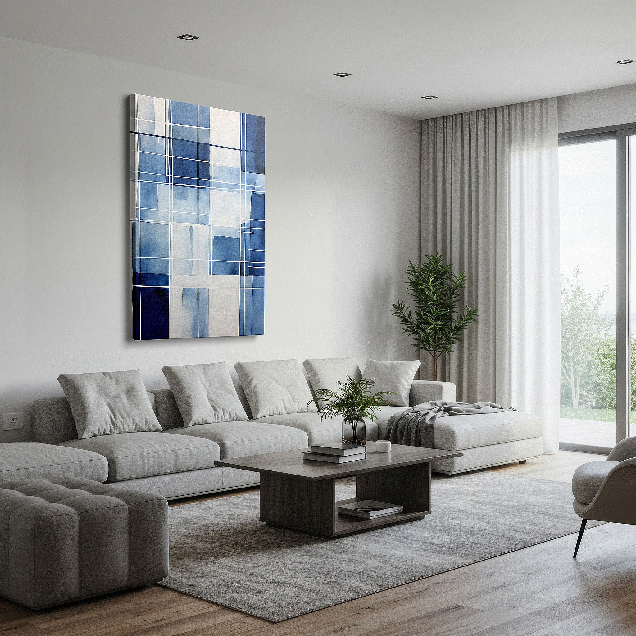 Bold and expansive at 90×60 cm — ideal for making a statement above large furniture — modern geometric blues in a calm grid, ideal for contemporary spaces, large wall art, canvas wall art, wall decor, office wall art