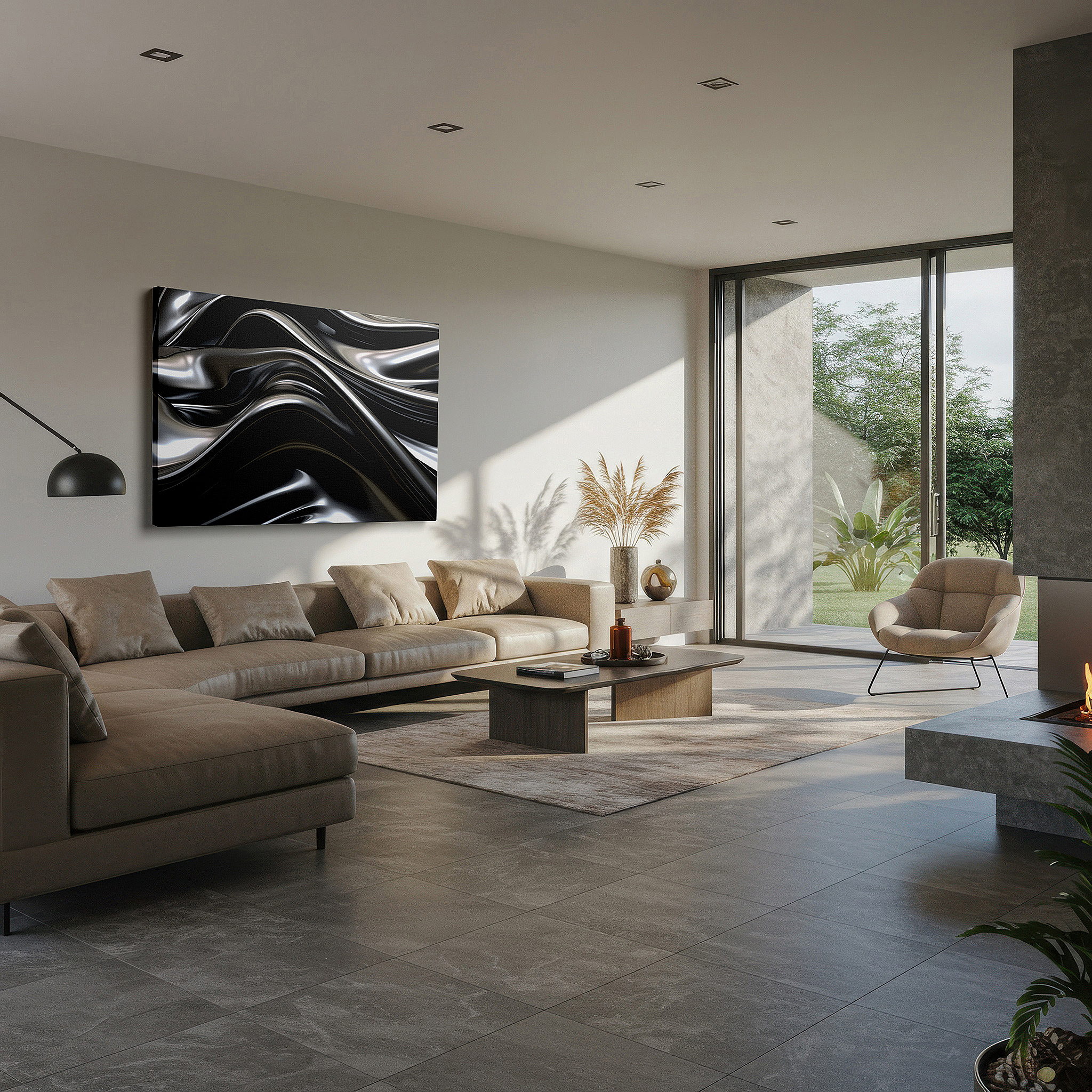 Bold and expansive at 90×60 cm — ideal for making a statement above large furniture — monochrome sleek metallic textures: a symphony of light and shadow - large wall art, canvas wall art, wall decor for office and bedroom