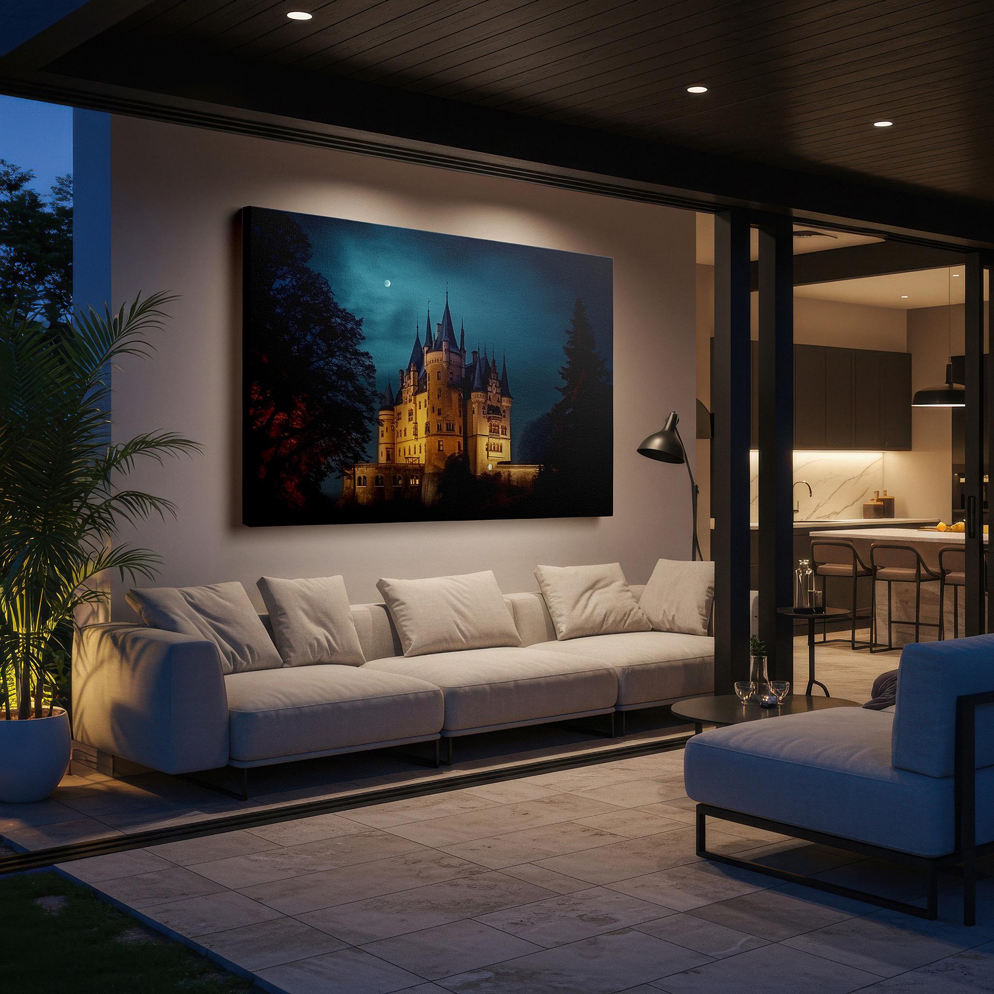 Bold and expansive at 90×60 cm — ideal for making a statement above large furniture — moonlit mystical gothic castle, enchanting glow with intricate stonework, large canvas wall art for office decor