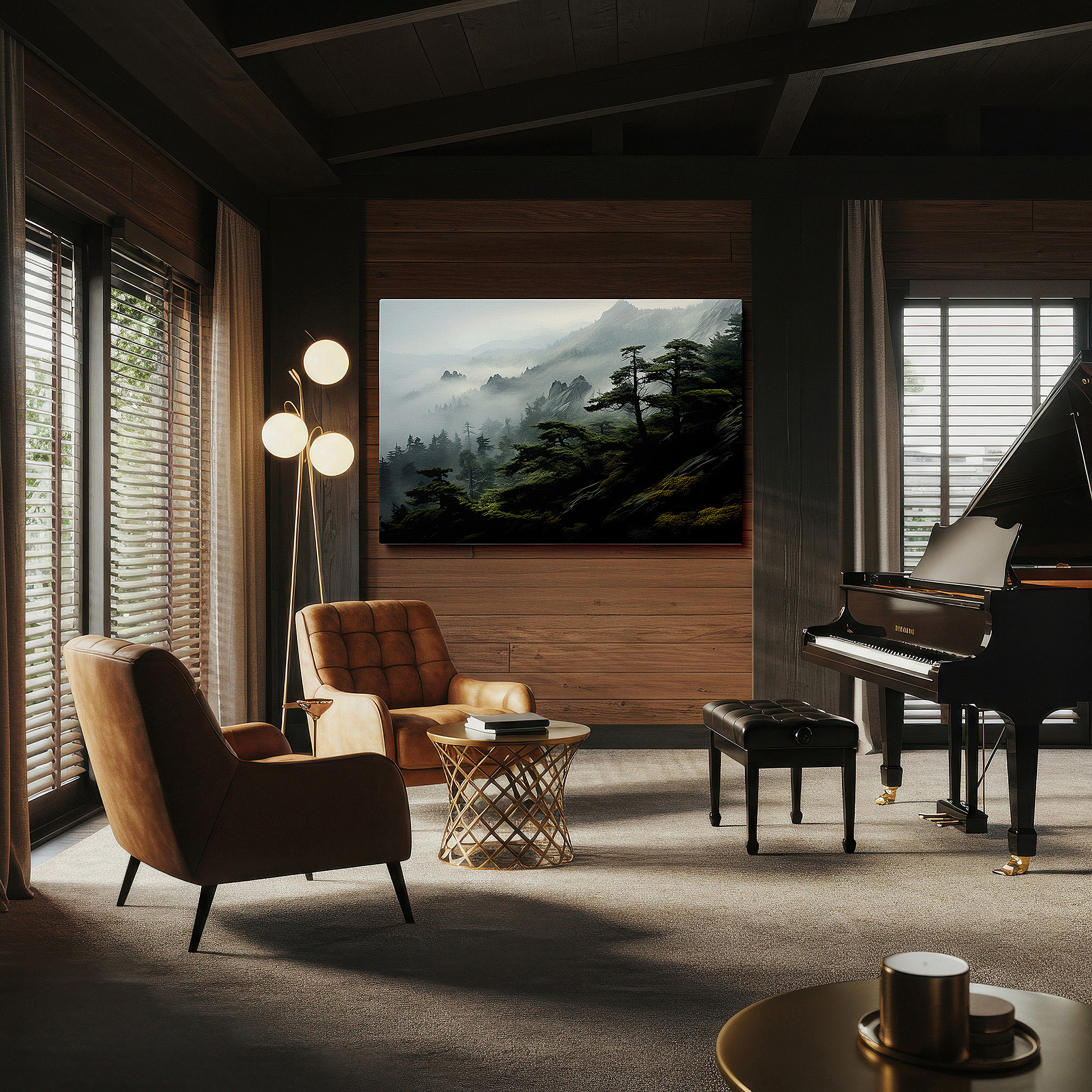 Bold and expansive at 90×60 cm — ideal for making a statement above large furniture — mystical mountain landscape in mist wall art: serene wilderness masterpiece for large canvas decor, ideal for office and bedroom