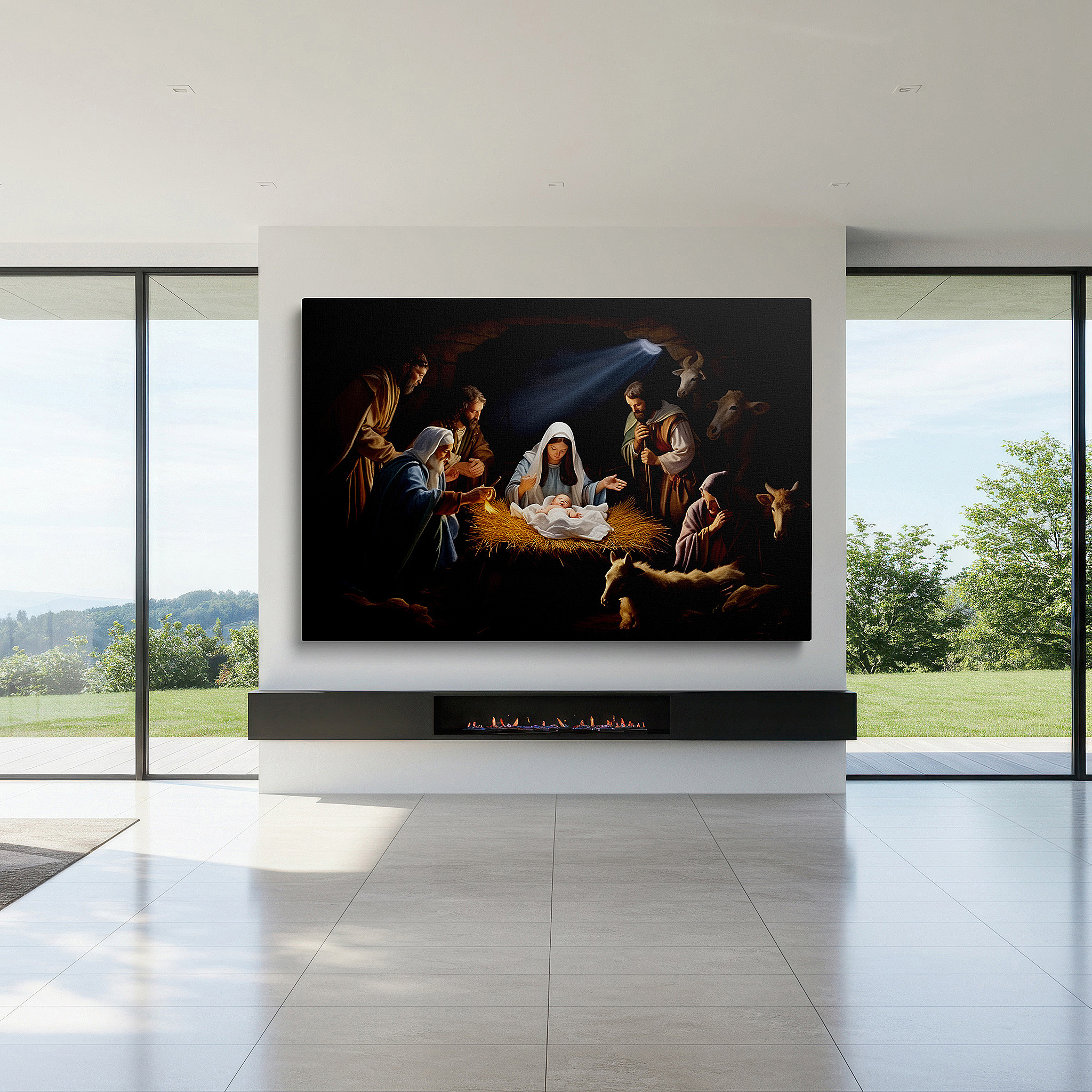 Bold and expansive at 90×60 cm — ideal for making a statement above large furniture — nativity scene wall art: a touching representation of mary, joseph, and baby jesus - large canvas for home or office decor