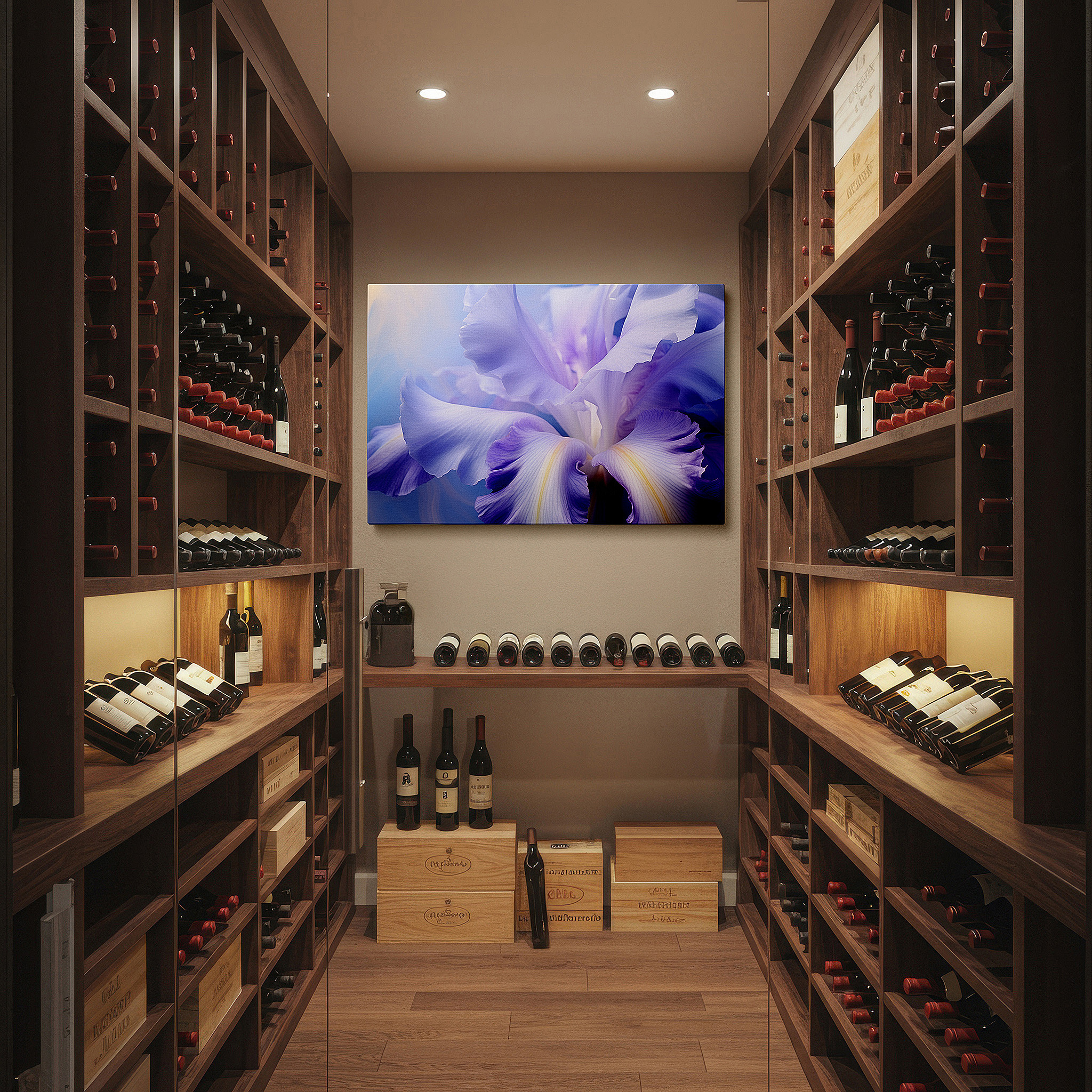 Bold and expansive at 90×60 cm — ideal for making a statement above large furniture — purple iris close-up: serene masterpiece for tranquil spaces - large canvas wall art ideal for office and bedroom decor