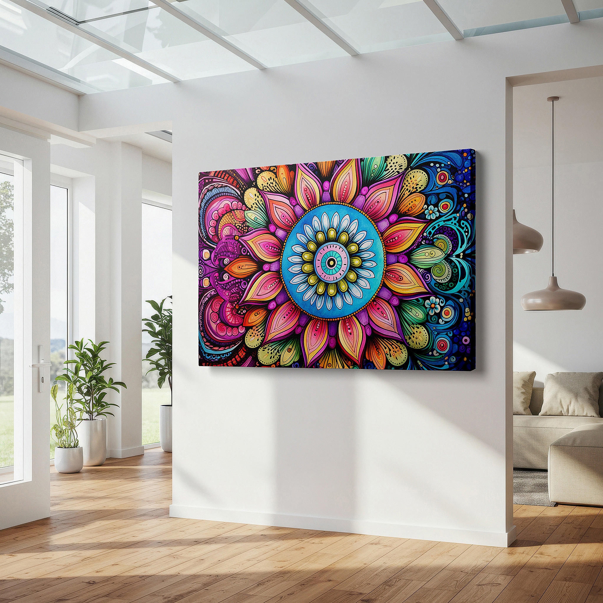 Bold and expansive at 90×60 cm — ideal for making a statement above large furniture — radiant mandala wall art symbolizing universal peace and serenity - ideal for office, living room, or bedroom decor