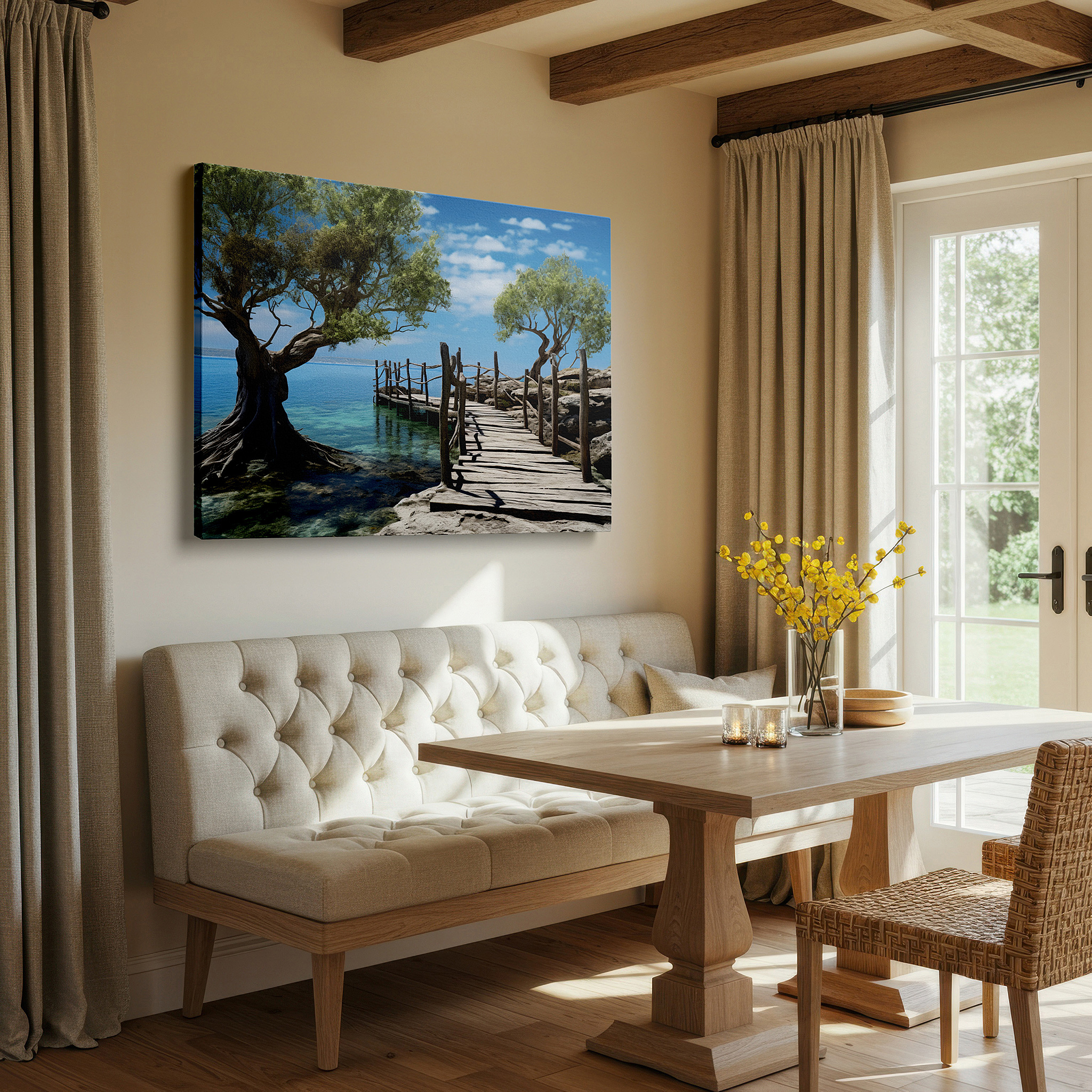 Bold and expansive at 90×60 cm — ideal for making a statement above large furniture — serene escape: scenic wooden pathway over turquoise waters - large canvas wall art for office and bedroom decor