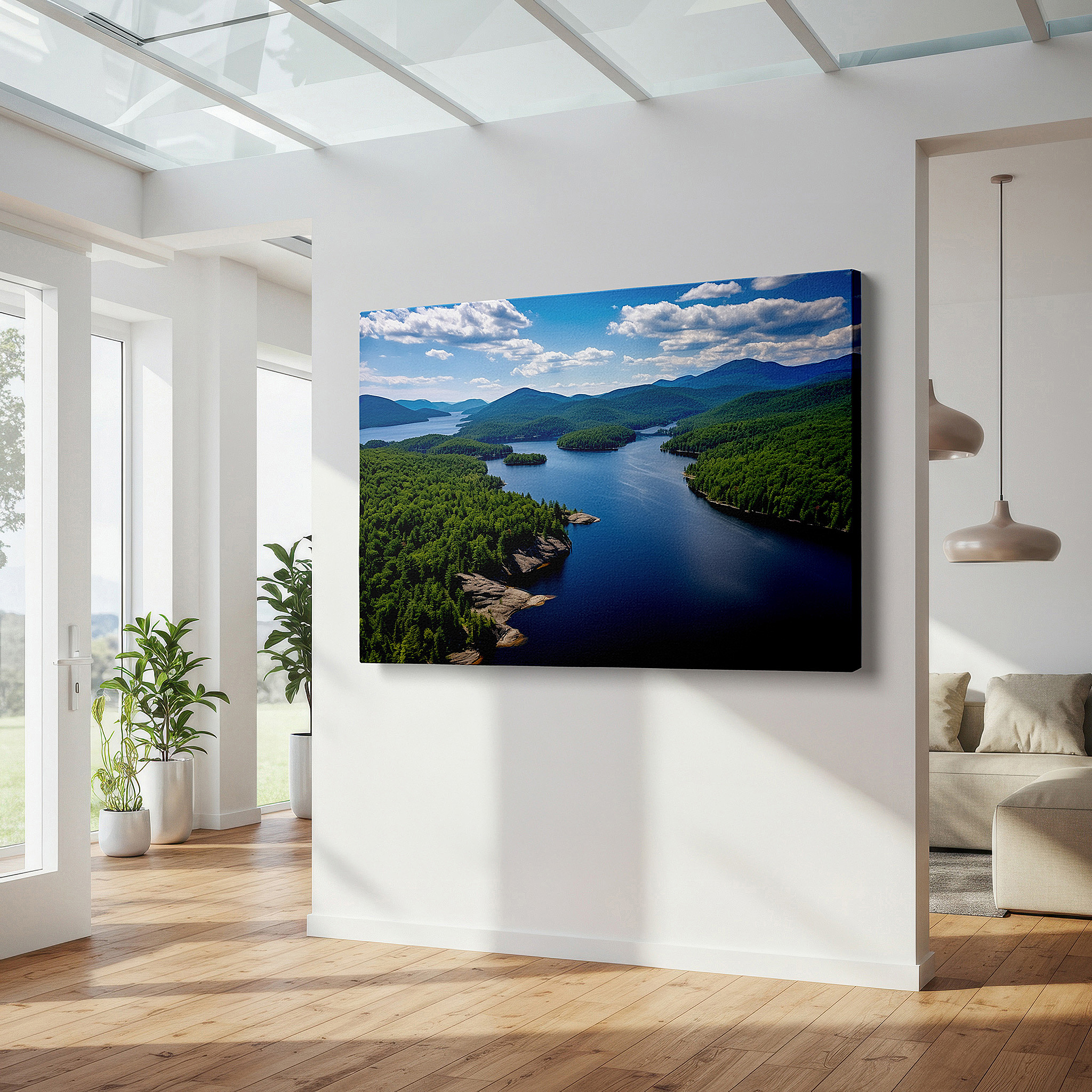 Bold and expansive at 90×60 cm — ideal for making a statement above large furniture — serene lake and verdant hills - peaceful aerial nature scene large wall art, canvas wall art, wall decor for office and bedroom
