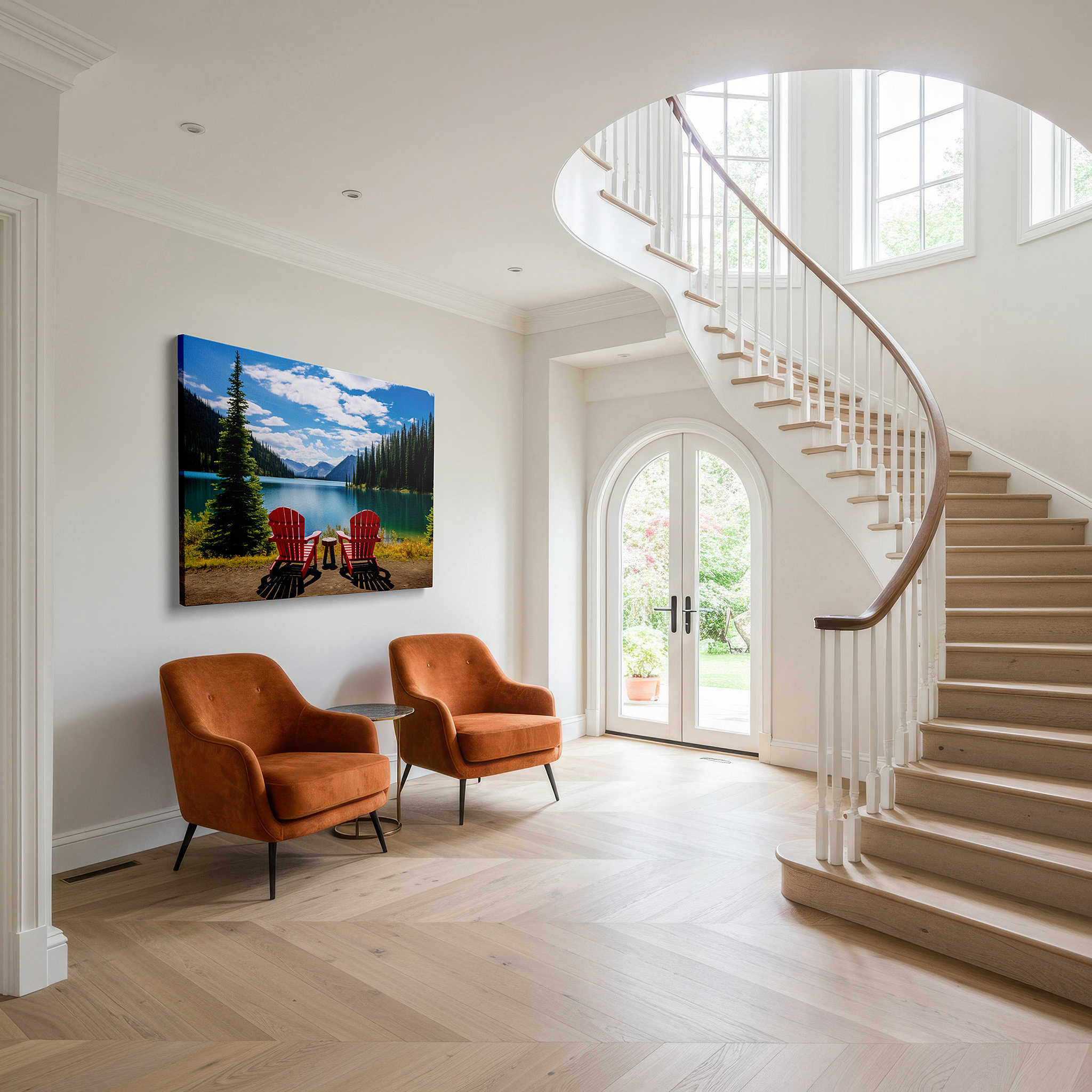 Bold and expansive at 90×60 cm — ideal for making a statement above large furniture — serene lakeside escape featuring red lounge chairs surrounded by verdant foliage: large wall art, canvas wall art, wall decor for office and bedroom