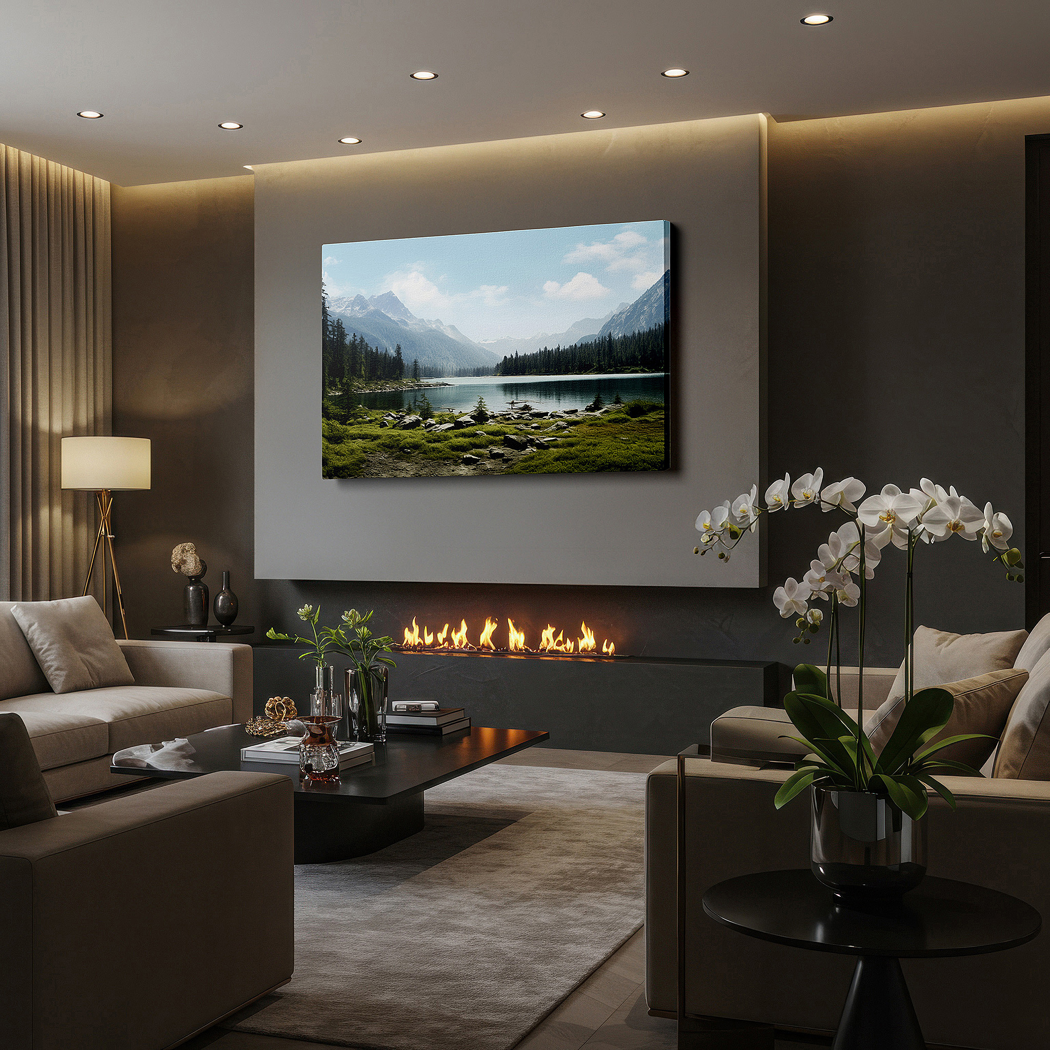 Bold and expansive at 90×60 cm — ideal for making a statement above large furniture — serene mountain lake reflections: tranquil wilderness gateway - large canvas wall art for office, bedroom, and living room decor