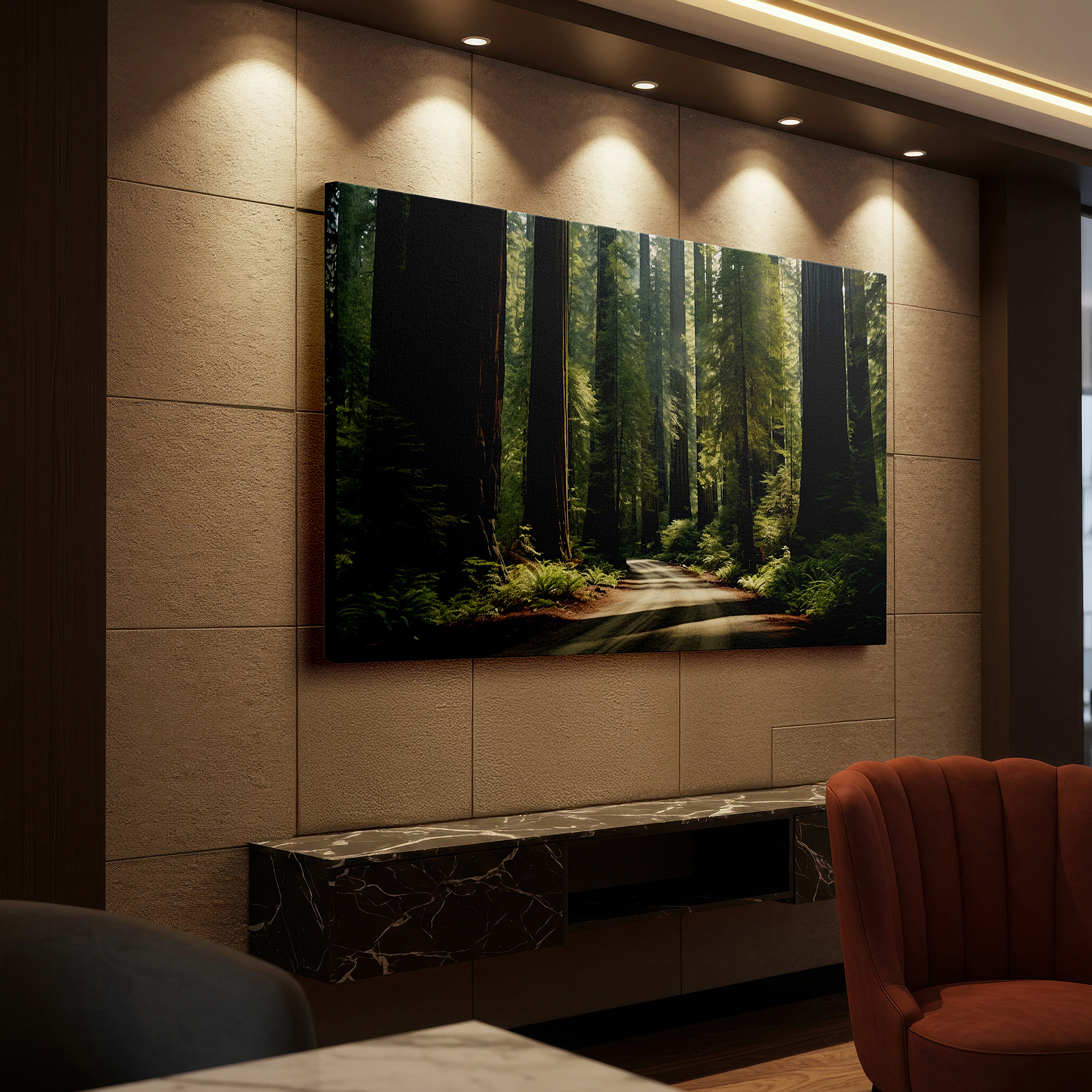 Bold and expansive at 90×60 cm — ideal for making a statement above large furniture — serene pathway through ancient redwoods: tranquil nature escape large wall art, canvas wall art, wall decor for office and bedroom