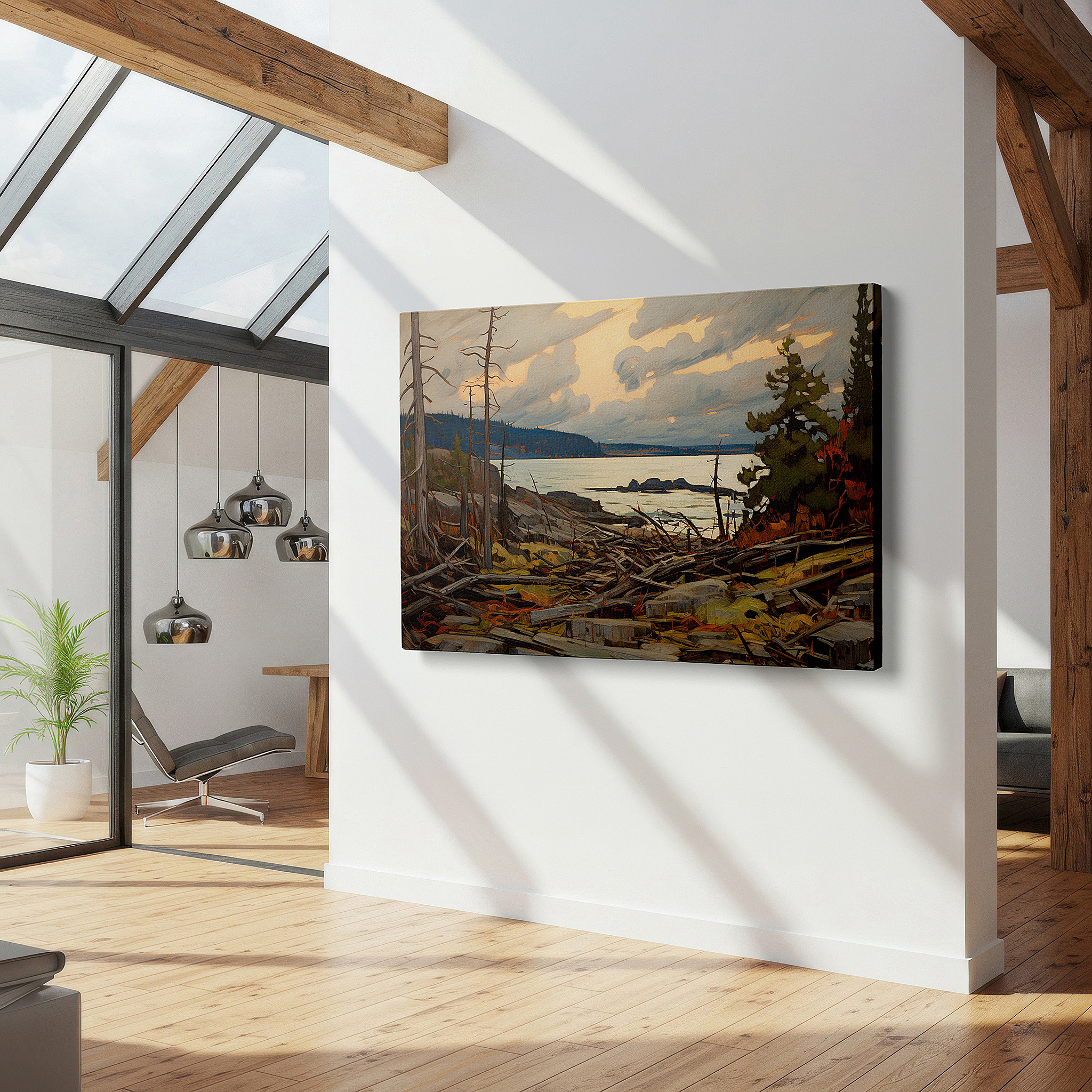 Bold and expansive at 90×60 cm — ideal for making a statement above large furniture — serene shoreline at dusk: a tranquil glow amidst nature's chaos - large canvas wall art for office and bedroom decor