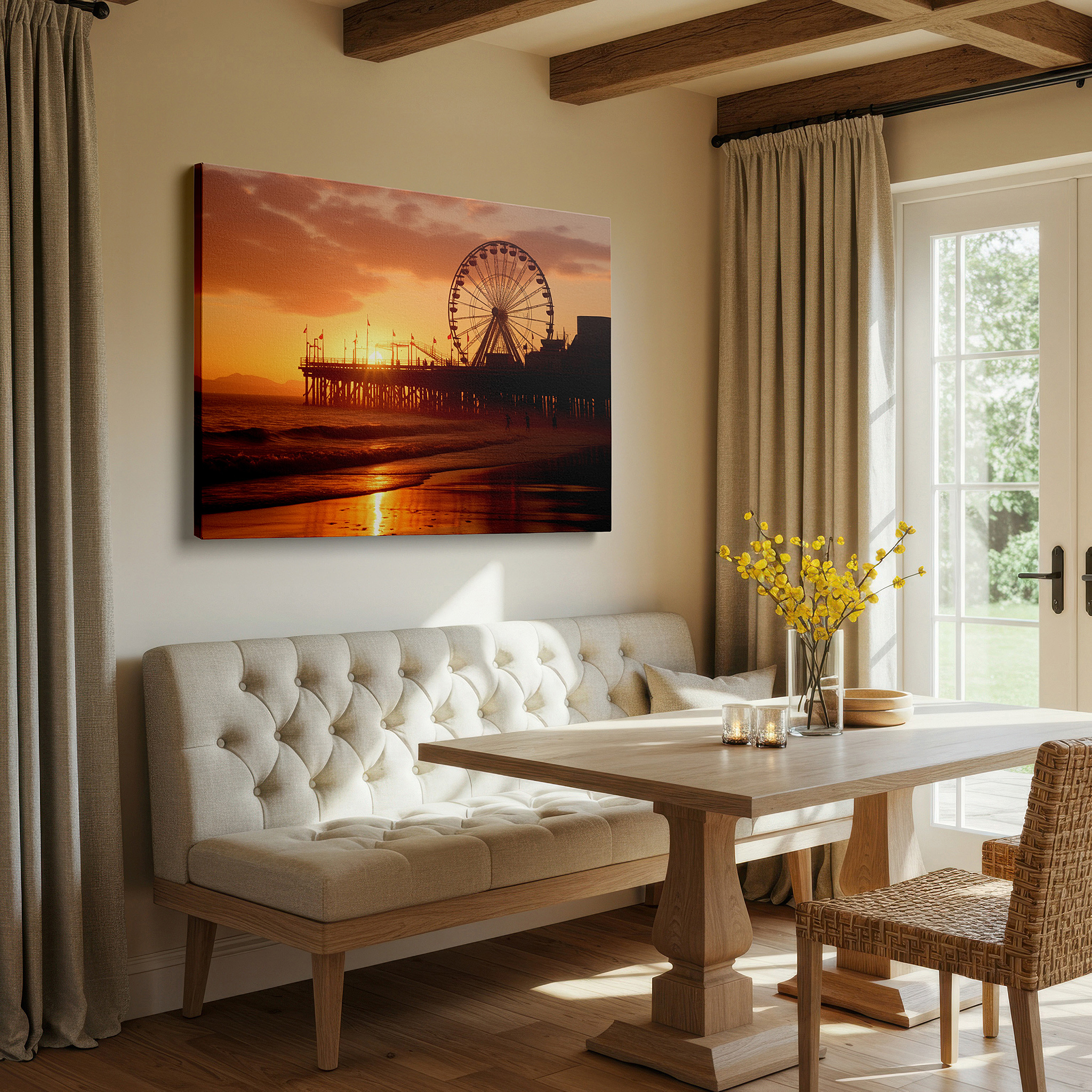 Bold and expansive at 90×60 cm — ideal for making a statement above large furniture — serene sunset beach scene with silhouetted ferris wheel - large canvas wall art for office, bedroom, and living room decor