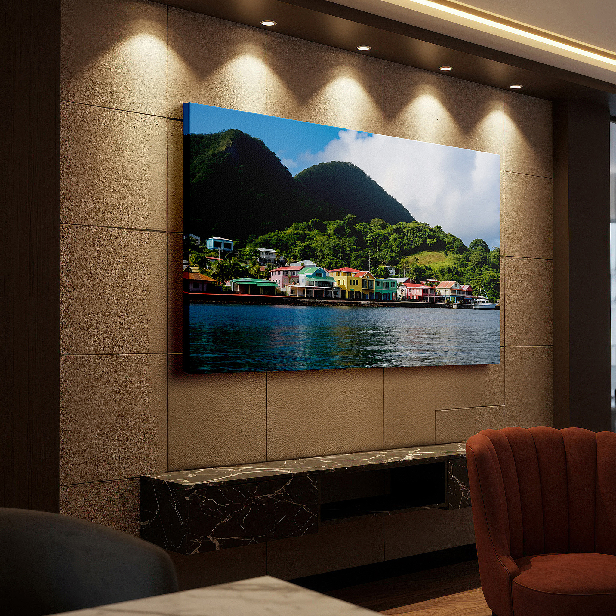 Bold and expansive at 90×60 cm — ideal for making a statement above large furniture — serene waterfront homes with lush mountain views: large wall art, canvas wall art, wall decor for office