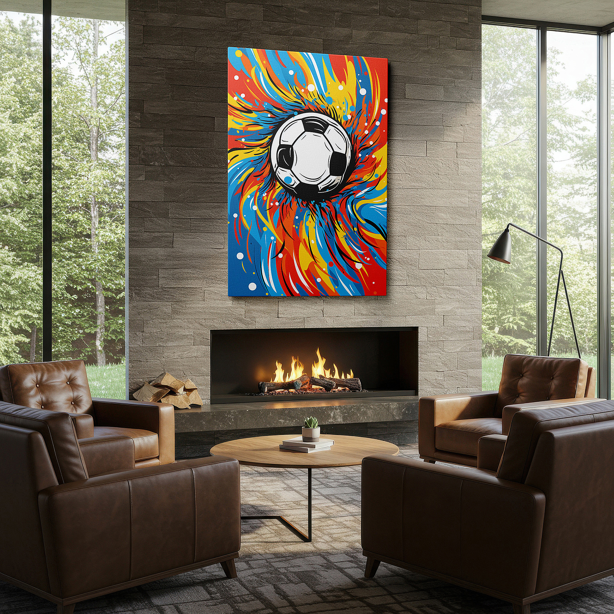 Bold and expansive at 90×60 cm — ideal for making a statement above large furniture — soccer-themed wall art: featuring dynamic swirls and vivid colors, perfect for office, bedroom, and living spaces
