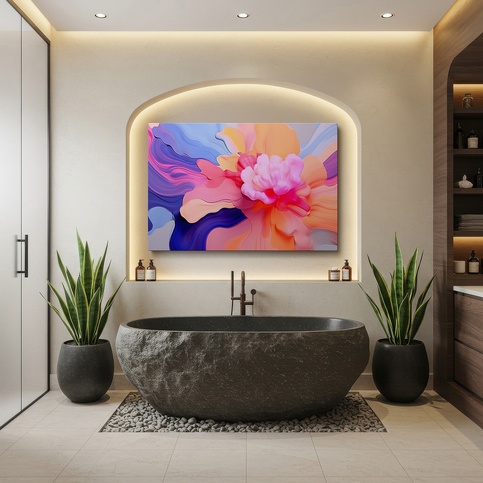 Bold and expansive at 90×60 cm — ideal for making a statement above large furniture — soft pastel and vibrant floral abstract art, tranquil and engaging large canvas wall decor for office