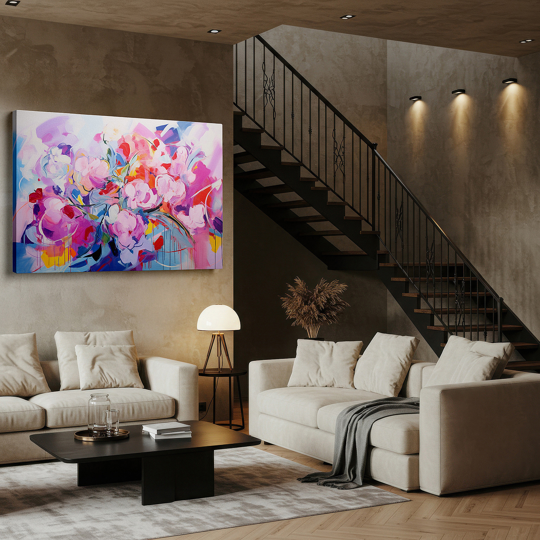 Bold and expansive at 90×60 cm — ideal for making a statement above large furniture — springtime blossoms in pink and blue: serene and bright large wall art, canvas decor for office and bedroom