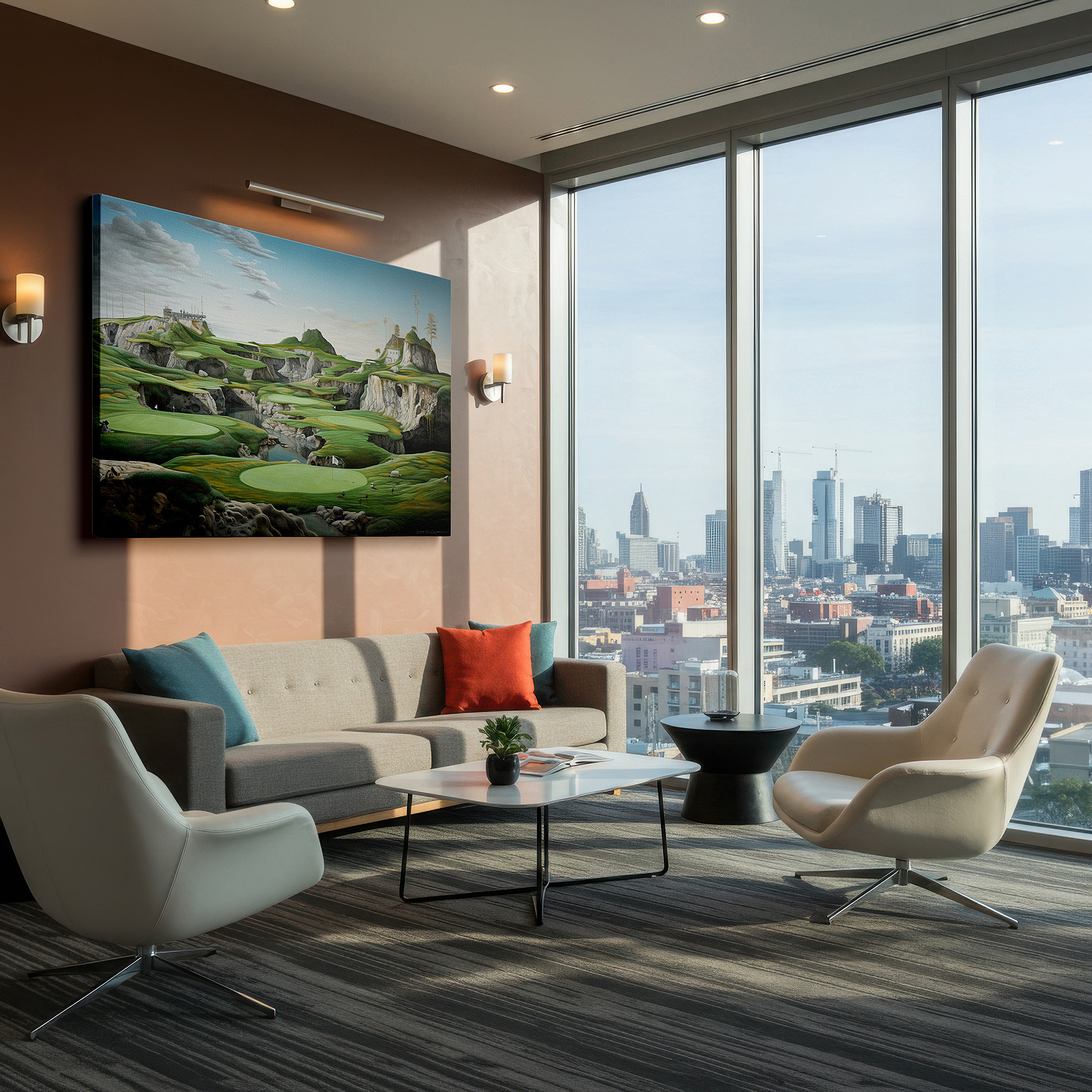 Bold and expansive at 90×60 cm — ideal for making a statement above large furniture — stunning golf course scenery with vibrant greens and striking rock formations - large canvas wall art for office and bedroom decor