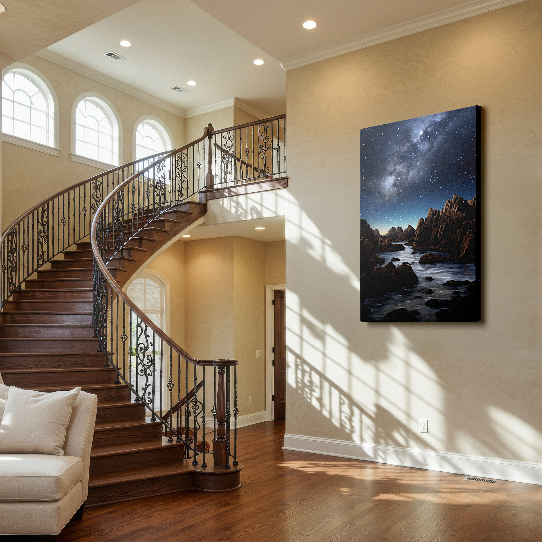 Bold and expansive at 90×60 cm — ideal for making a statement above large furniture — stunning rocky landscape beneath the ethereal milky way, large canvas wall art for a visual journey into nature and the cosmos, perfect for home or office decor