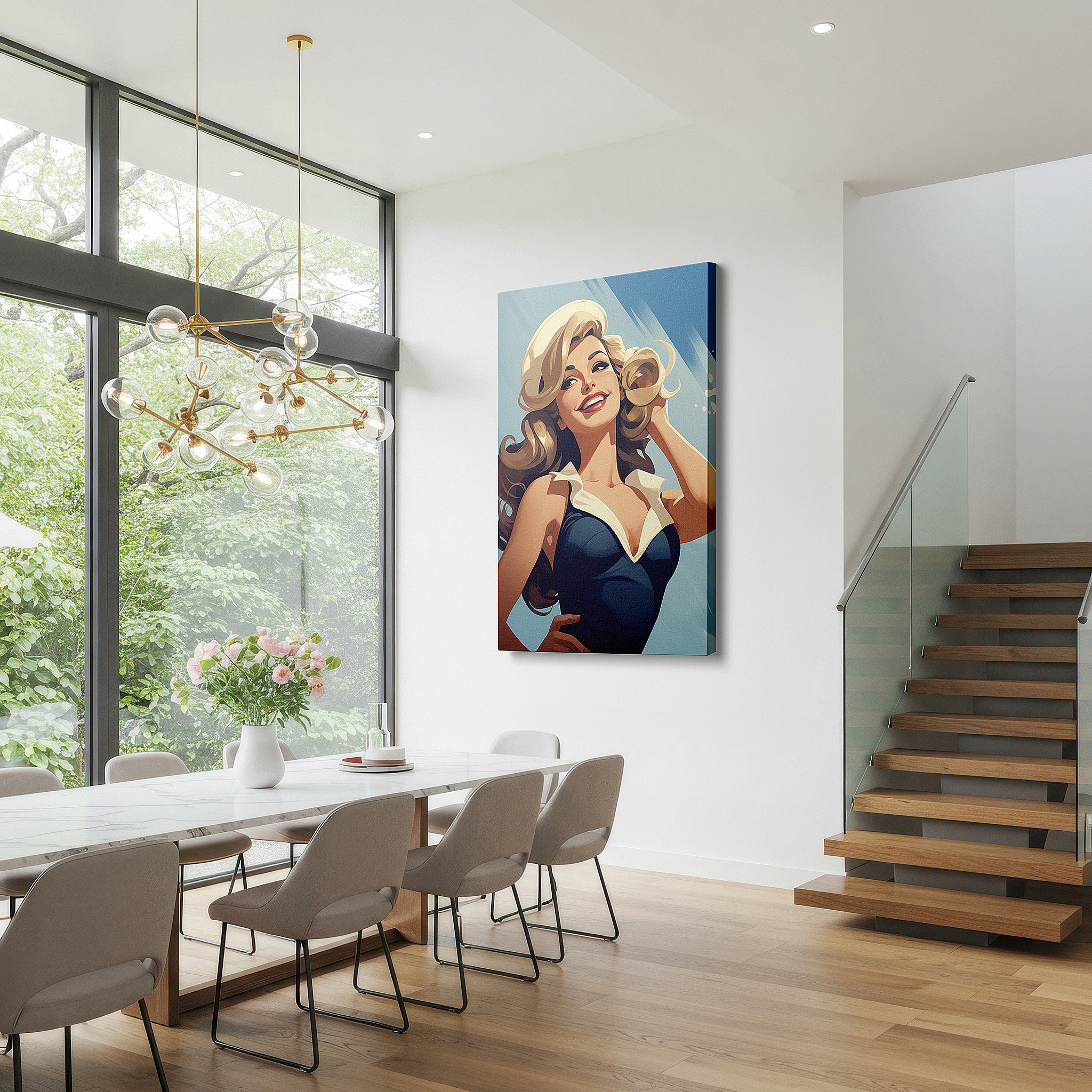 Bold and expansive at 90×60 cm — ideal for making a statement above large furniture — summer glamour by the sea: radiant retro-style woman large wall art, canvas decor for office and bedroom