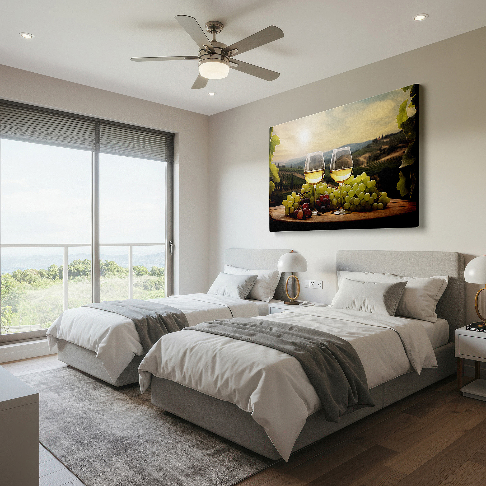 Bold and expansive at 90×60 cm — ideal for making a statement above large furniture — sunset serenity over vineyard large canvas wall art with white wine toast, perfect for office, bedroom, or living room decor