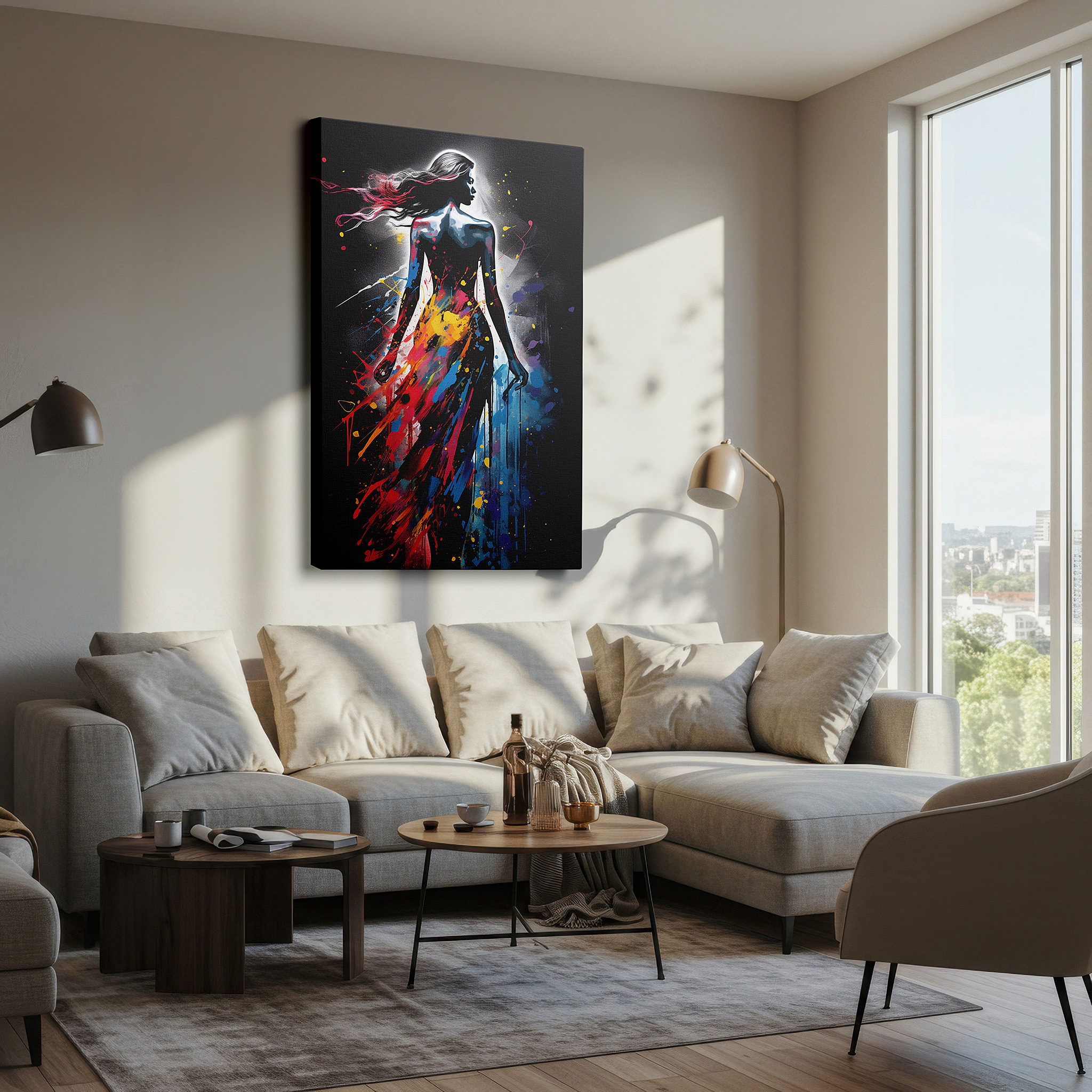 Bold and expansive at 90×60 cm — ideal for making a statement above large furniture — timeless elegance and femininity: woman's silhouette against vivid color burst - large canvas wall art decor