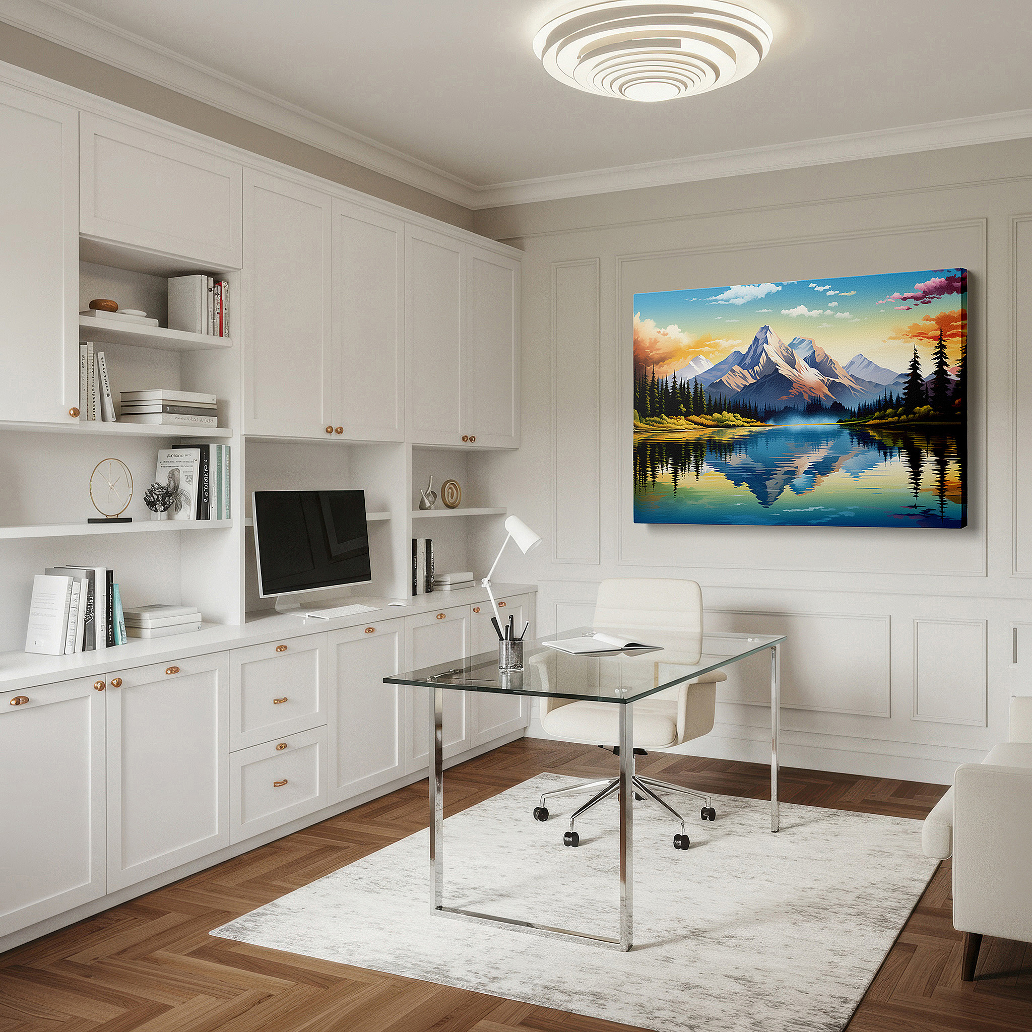 Bold and expansive at 90×60 cm — ideal for making a statement above large furniture — tranquil evening by the lake: sunset glow - serene solitude and reflective exploration - large canvas wall art for office decor