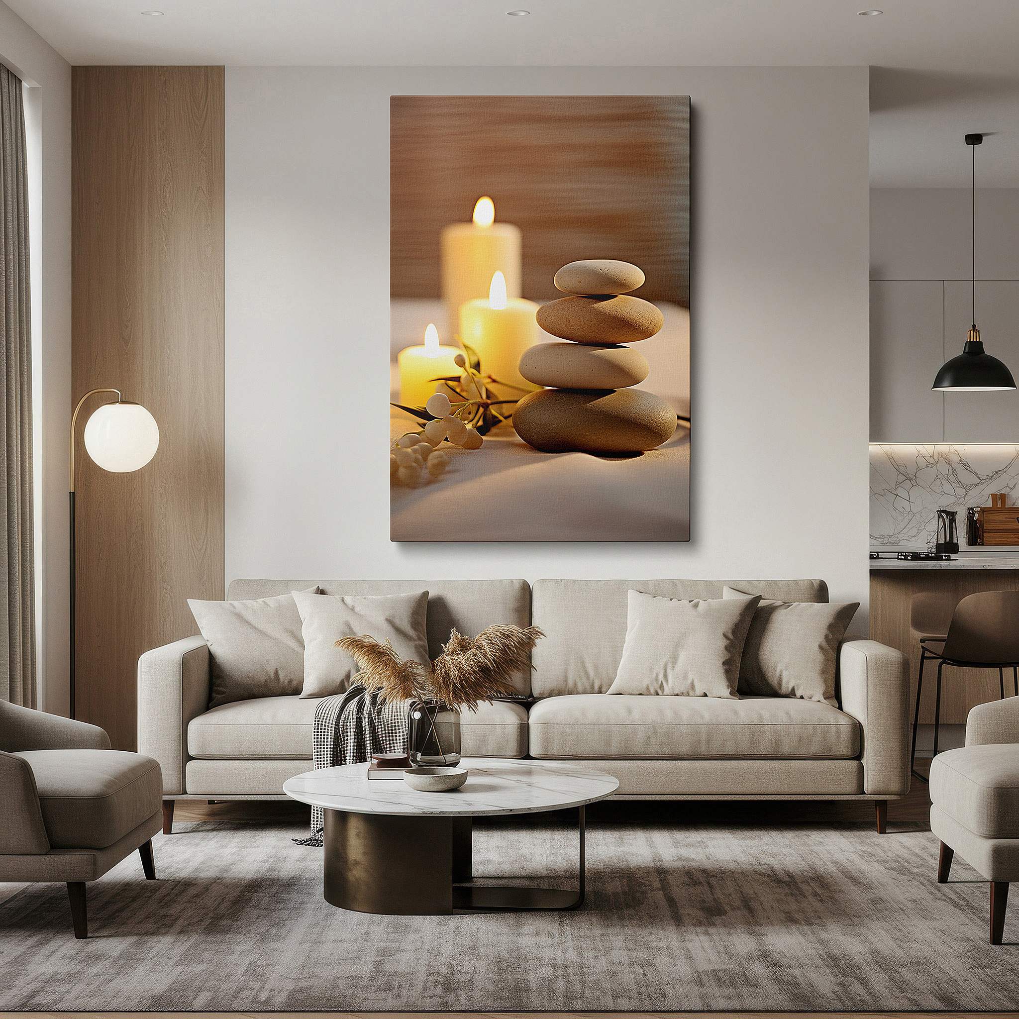 Bold and expansive at 90×60 cm — ideal for making a statement above large furniture — tranquil stones and candlelight wall art: a symbol of balance and inner peace - large canvas art for office and bedroom decor