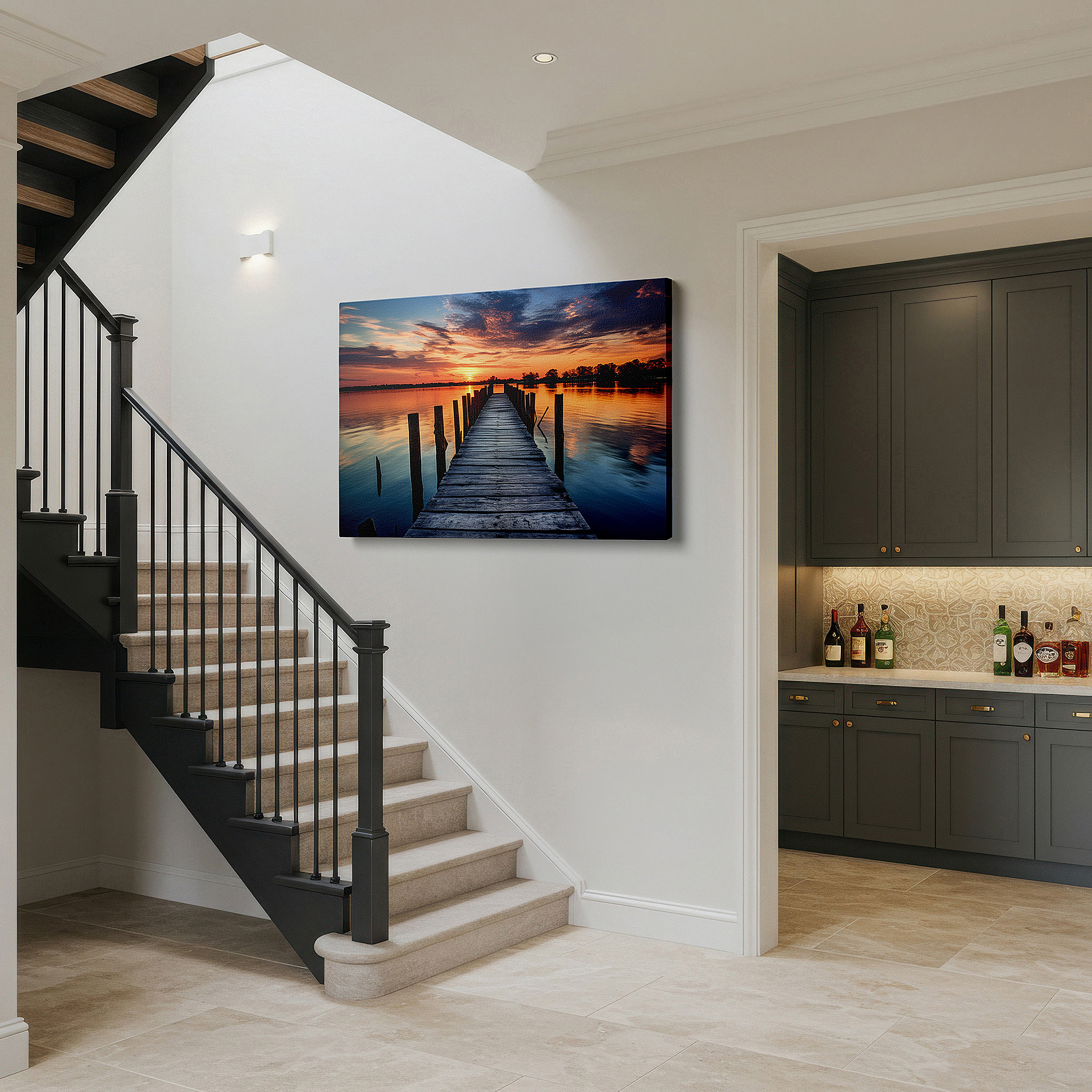 Bold and expansive at 90×60 cm — ideal for making a statement above large furniture — tranquil sunset and rustic dock canvas print - serene lake reflection and sky wall art for office and bedroom decor