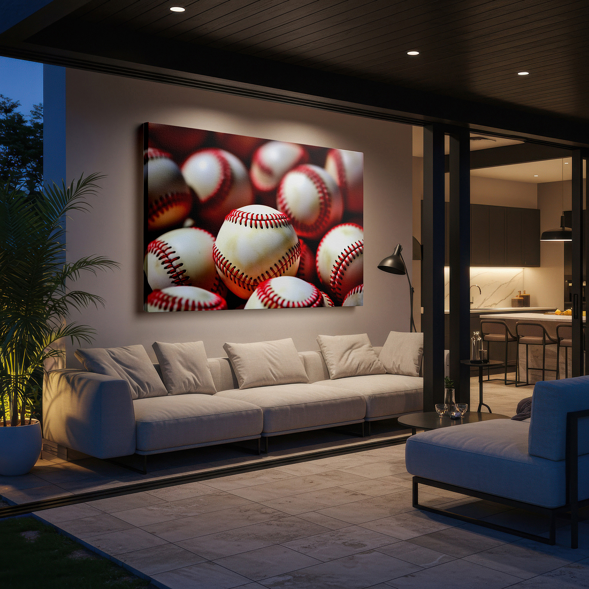 Bold and expansive at 90×60 cm — ideal for making a statement above large furniture — a tribute to america's favorite sport: precision-made baseballs with classic red stitching - large wall art, canvas wall art, wall decor for office