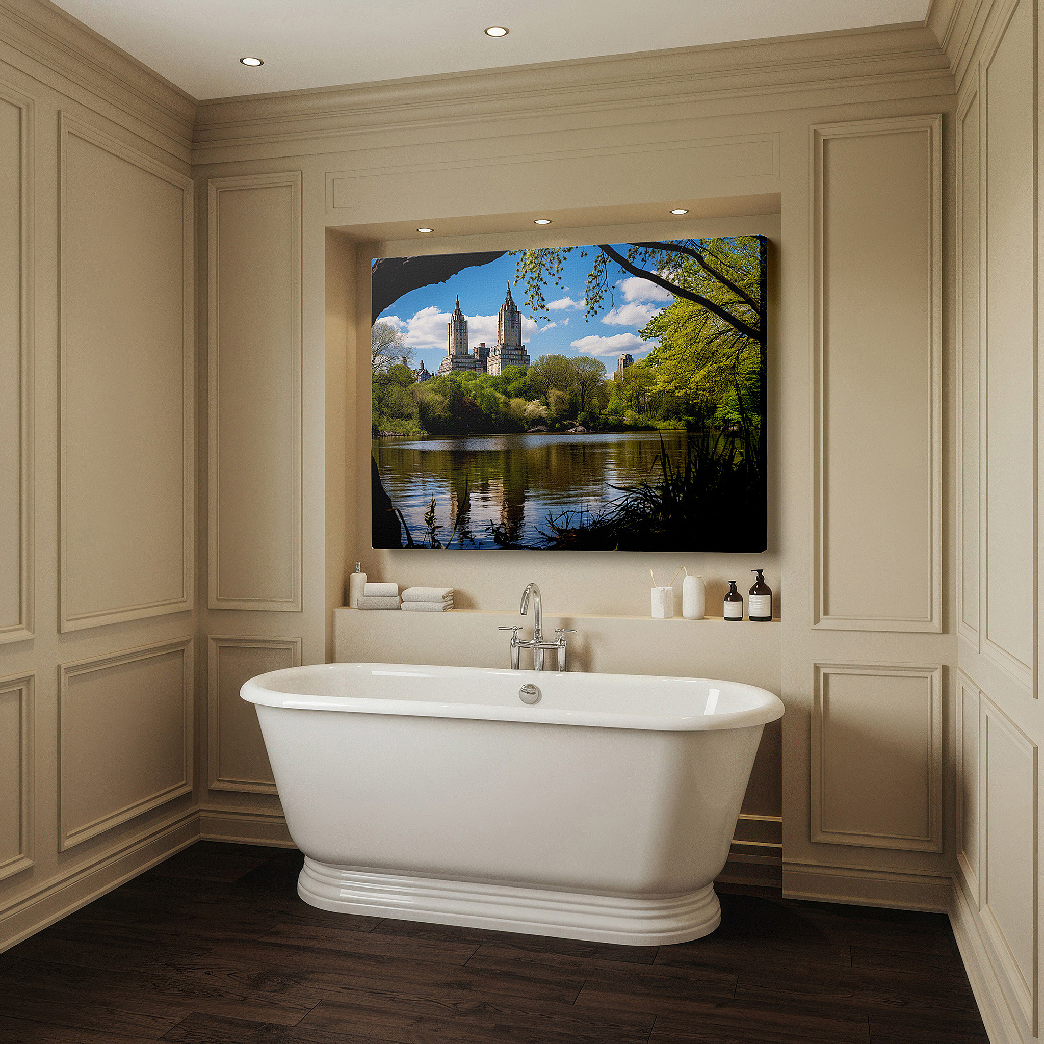 Bold and expansive at 90×60 cm — ideal for making a statement above large furniture — twin skyscrapers and lush greenery in central park - a peaceful fusion of city and nature large wall art, canvas wall art, wall decor, office art