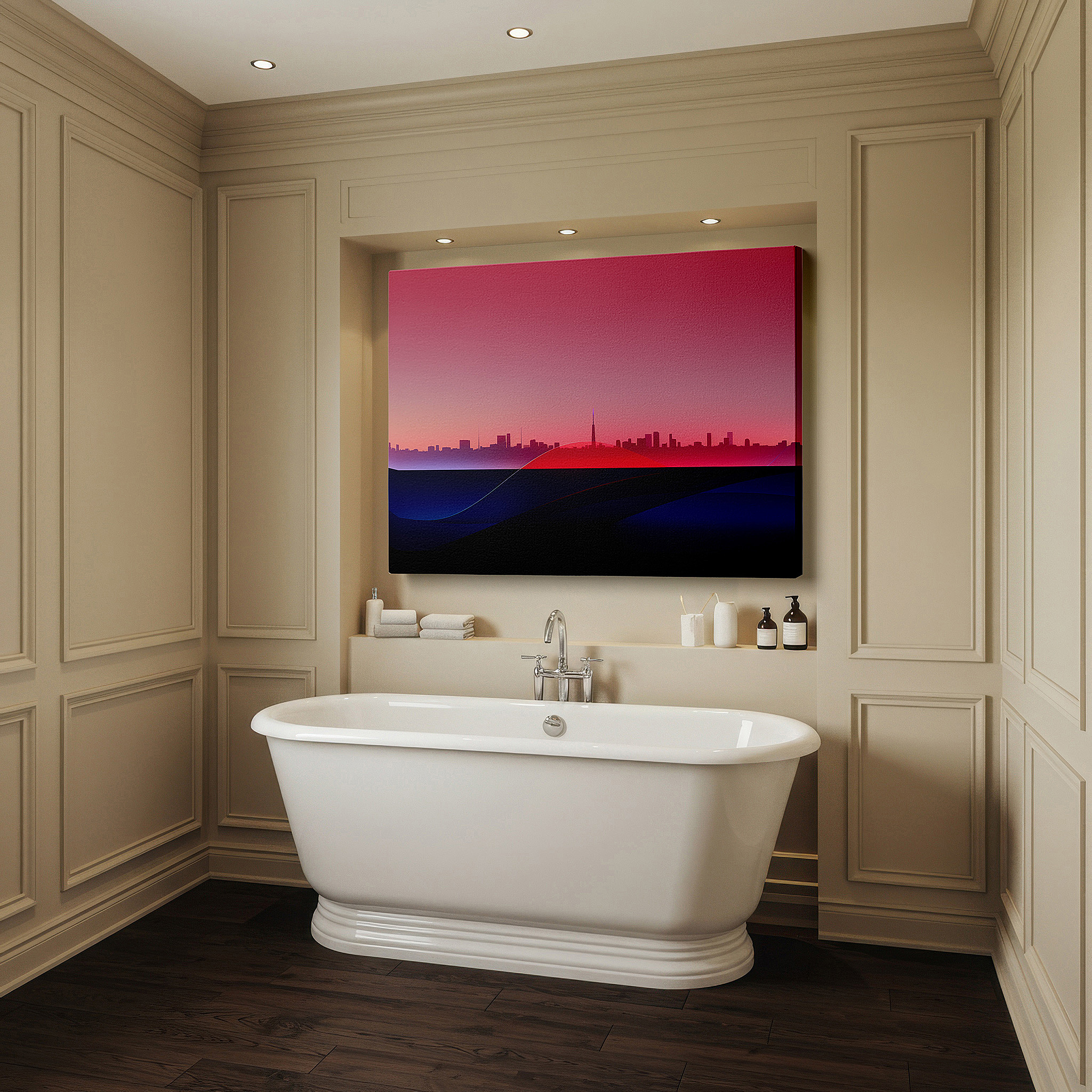 Bold and expansive at 90×60 cm — ideal for making a statement above large furniture — urban skyline and ocean waves wall art in vivid reds and blues - large canvas for office, bedroom, or living room decor